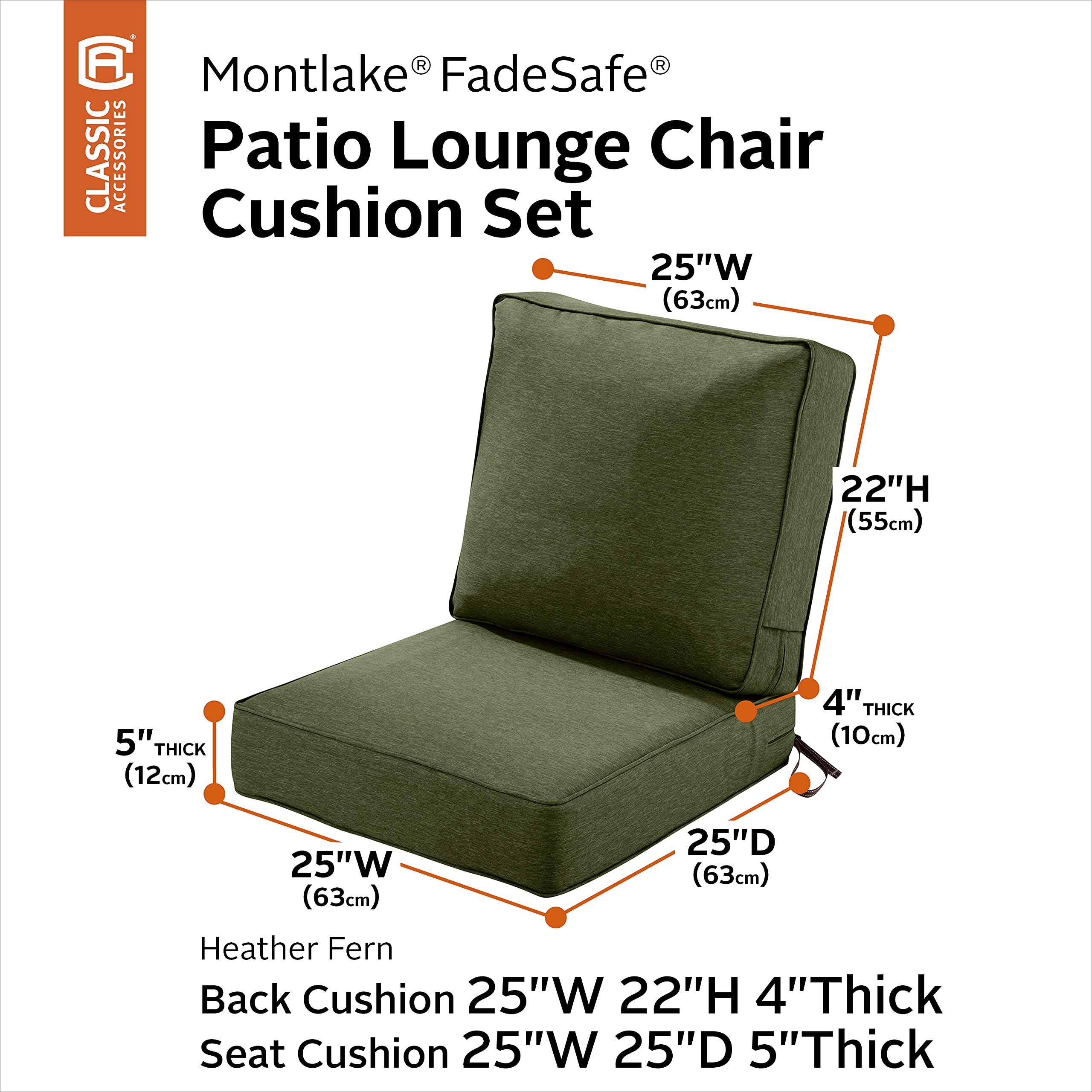 Classic Accessories Montlake FadeSafe Patio Lounge Chair Cushion Set - 25 x 47 Inch, Heather Fern - Perfect for Outdoor Furniture, Poolside Relaxation, and Garden Lounging