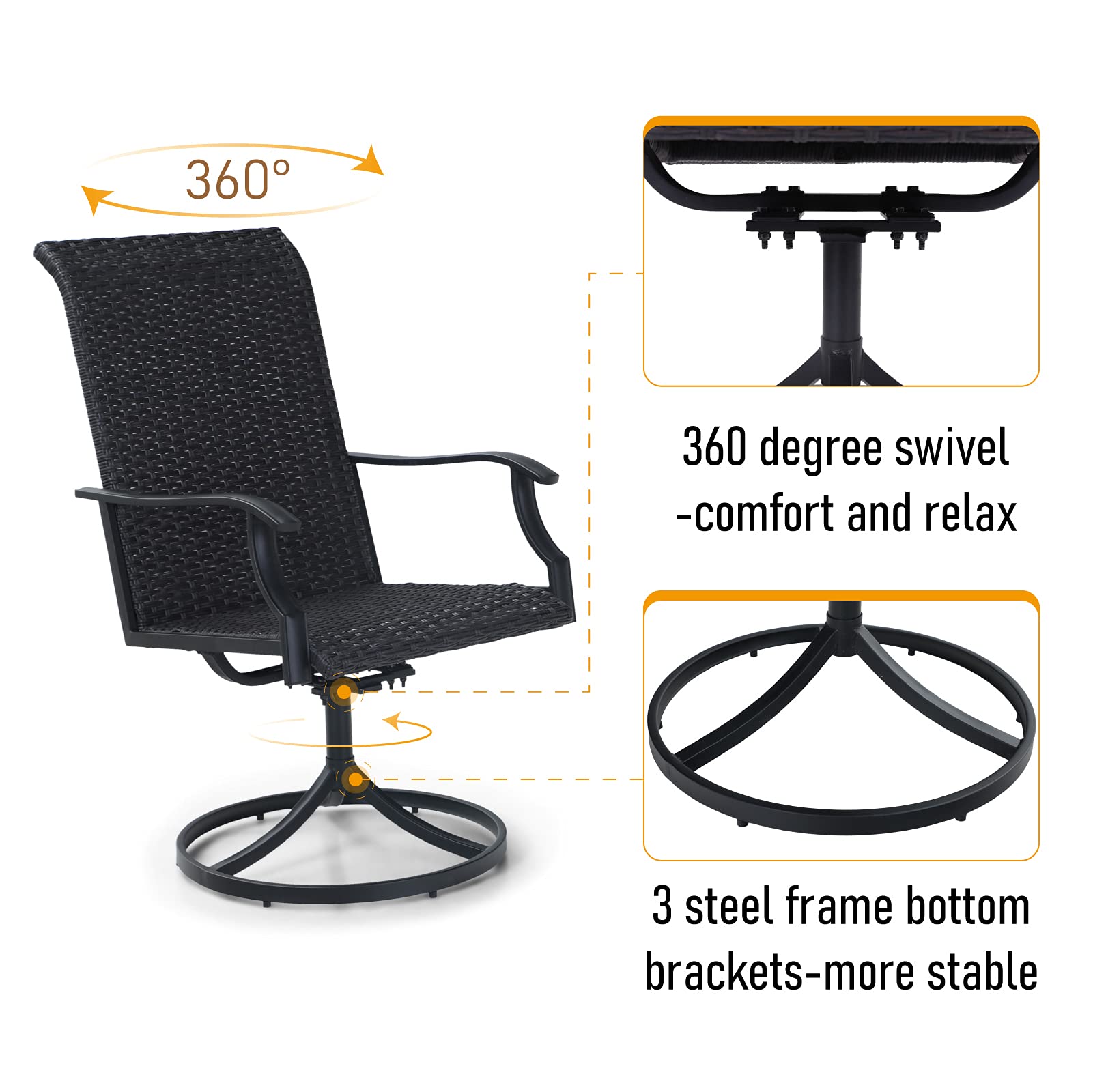 MFSTUDIO 3-Piece Outdoor Patio Furniture Set - Black Metal Square Bistro Table with 2 Swivel Dining Chairs - Adjustable Height Coffee Tea Table for Garden, Balcony, Backyard & Small Spaces