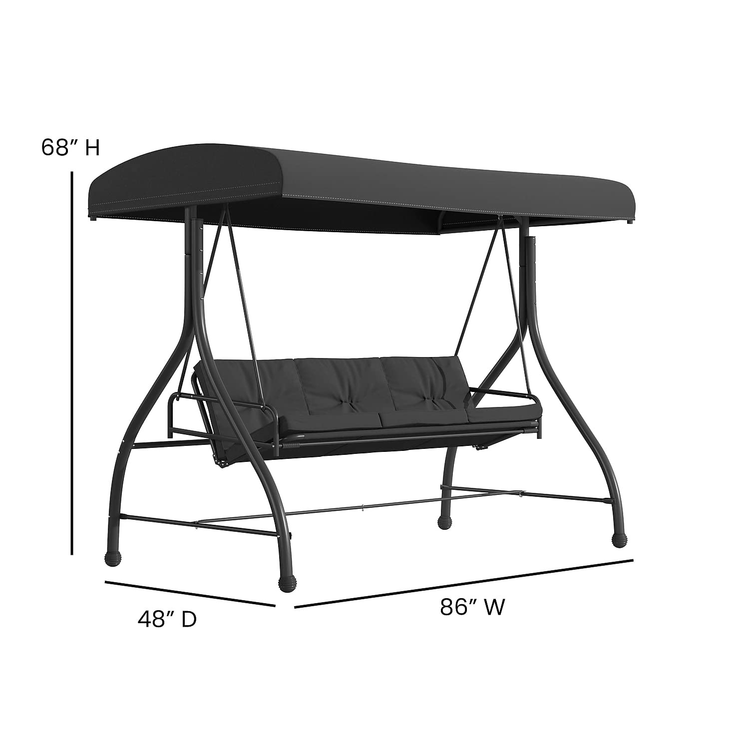 Flash Furniture Tellis 3-Seat Outdoor Steel Patio Swing with Canopy & Cushions - Convertible Hammock Swing Bed for Garden, Backyard, Deck (Black) | Perfect for Relaxing, Lounging & Outdoor Entertaining