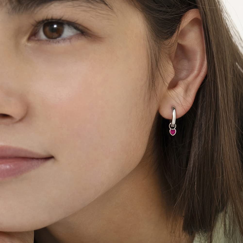 925 Sterling Silver Petite Simulated Birthstone Heart Charm Hoop Earrings for Girls 12mm - Cubic Zirconia Stud Earrings - Dainty Birthstone Jewelry for Teens & Young Women | Perfect for Birthdays, Gifts & Everyday Wear