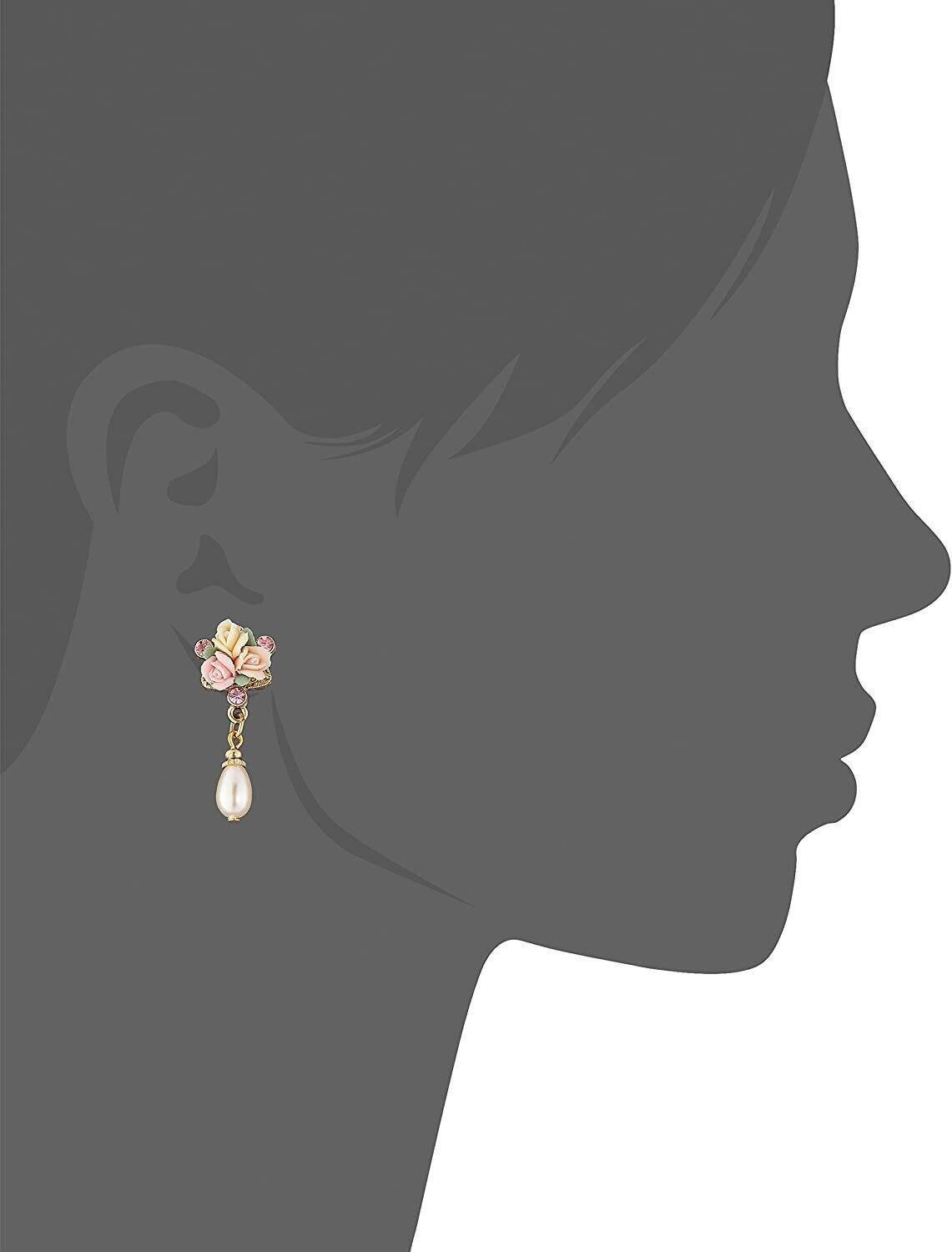 1928 Bridal Multi-Color Porcelain Rose Pink Crystal Faux Pearl Drop Post Earrings for Women - Elegant Wedding, Prom, Party & Special Occasion Jewelry Gift