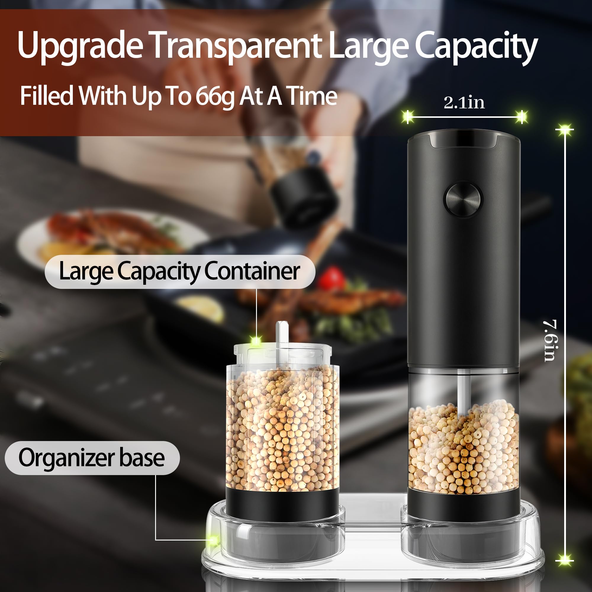 Electric Salt and Pepper Grinder Set - Automatic Adjustable Coarseness Mill with LED Light - One-Hand Operation Kitchen Tool - Includes 2 Pack Refillable Shakers - Perfect for Cooking, Baking, BBQ & Dining Table Seasoning