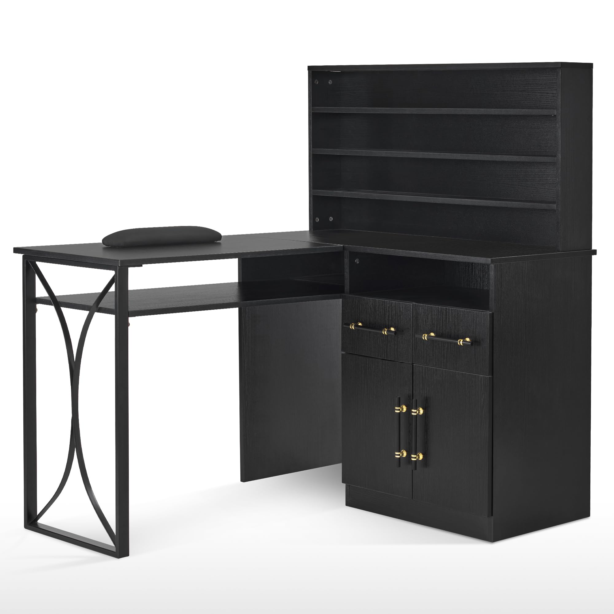 Professional L-Shaped Nail Desk with Storage Drawers & Cabinets - BarberPub Manicure Workstation for Salon & Home Use - Efficient Organization Nail Table 2833 (Black) - Perfect for Nail Technicians & Beauty Professionals