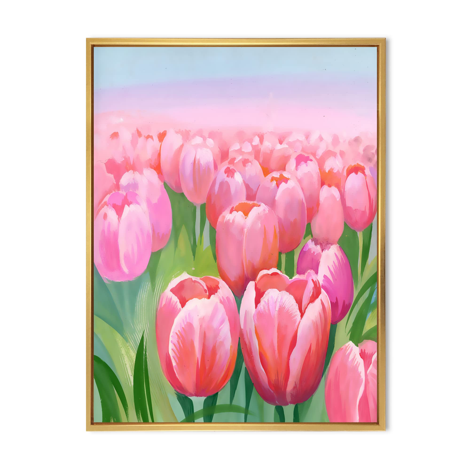 Field of Pink Tulips - Traditional Framed Canvas Wall Art Print - Home Decor for Living Room, Bedroom & Office