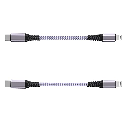 Apple MFi Certified USB-C to Lightning Cable (2-Pack, 8Inch) - Fast Charging & Data Sync Nylon Braided Cable for iPhone 14/13/12, iPad, AirPods - Compatible with Power Banks & Charging Stations (Silver & White) - Perfect for Travel, Home & Office Use