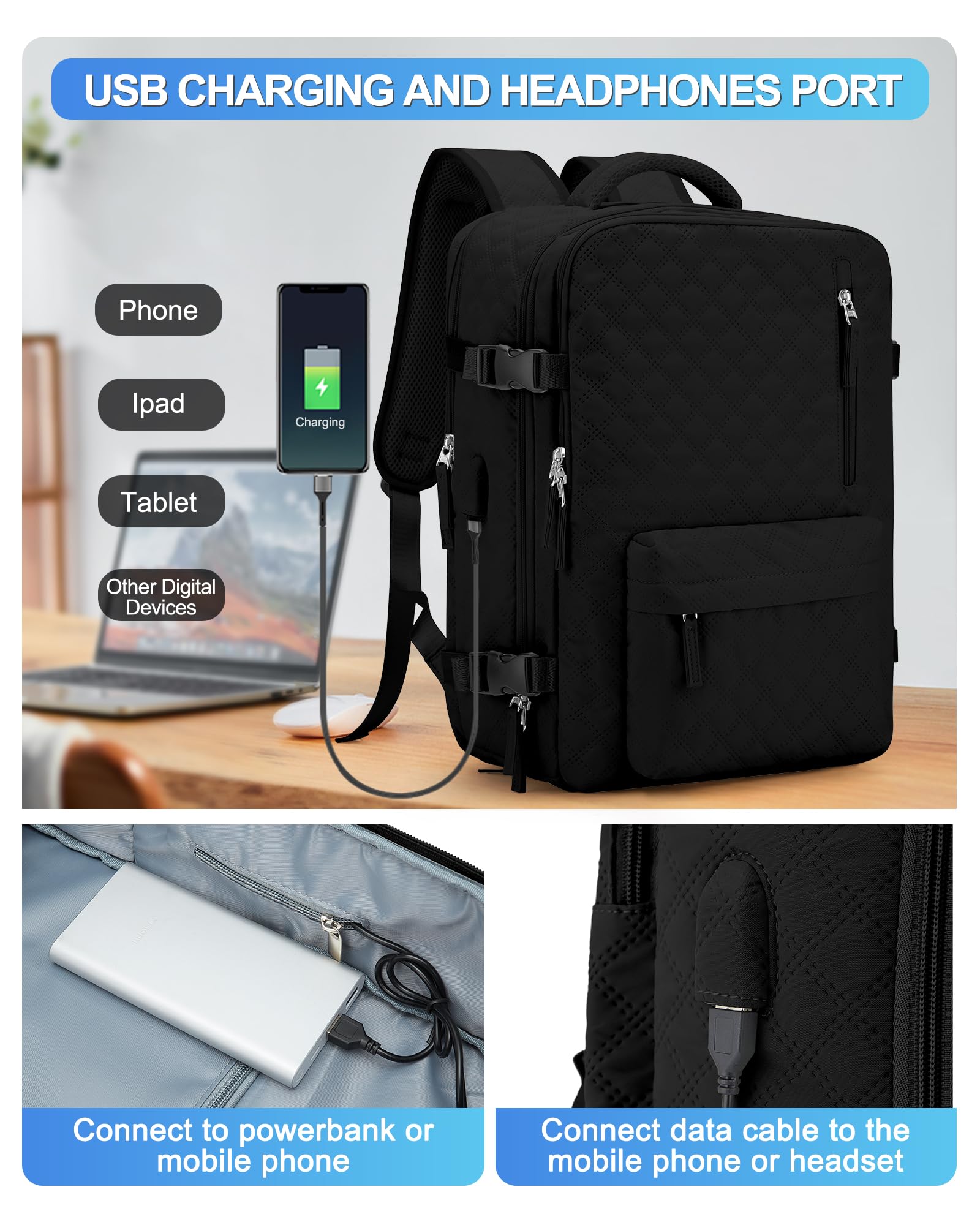 Underseat Carry On Backpack for Women - Airplane Approved Cabin Bag, 14 Inch Laptop Backpack for Business Travel & Casual Work (K1-Black) | Perfect Personal Item for Flights & Commuting
