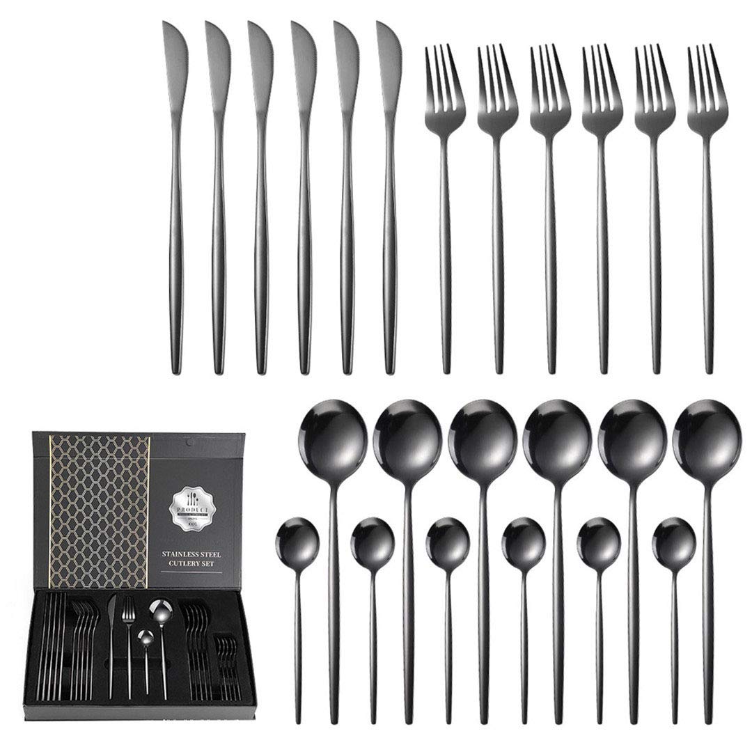 24-Piece Gold Tableware Set - 18/10 Stainless Steel Cutlery with Knives, Forks & Spoons - Elegant Gray Western Dinnerware for Parties, Weddings & Fine Dining