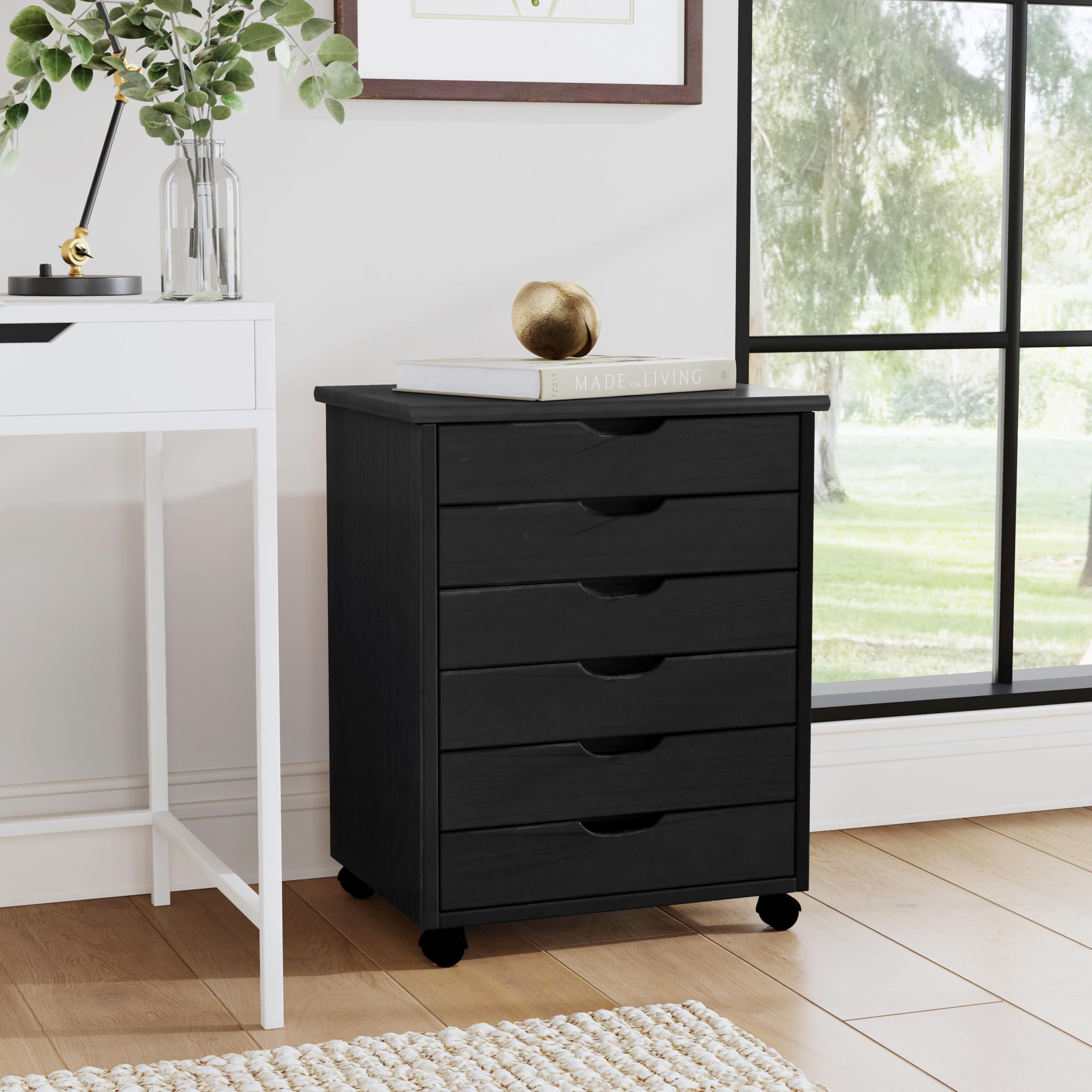 Linon Corinne Black 6-Drawer Wide Rolling Storage Cart - Perfect for Home, Office, and Craft Room Organization