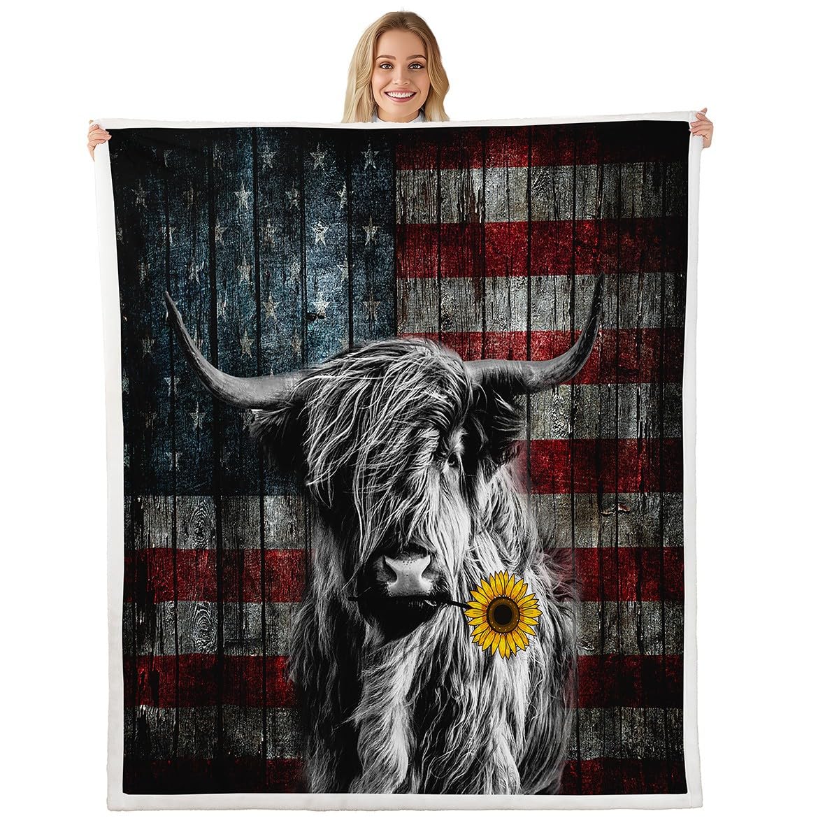 Feelyou Highland Cattle Fleece Throw Blanket - Soft Sherpa Plush Blanket with Sunflower & American Flag Design (40x50 Inches) - Cozy Animal Print Blanket for Kids, Boys & Girls - Perfect for Sofa, Bed, Couch & Winter Snuggling