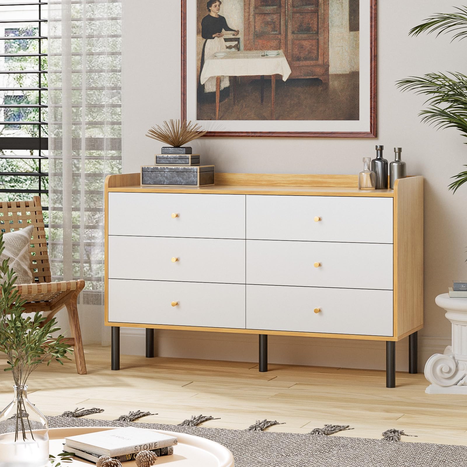 LYNSOM 6-Drawer Natural Wood Dresser for Bedroom - Modern Wide Drawer Storage with Metal Handles - Sturdy Chest of Drawers for Hallway, Entryway, Living Room & Bedroom Organization