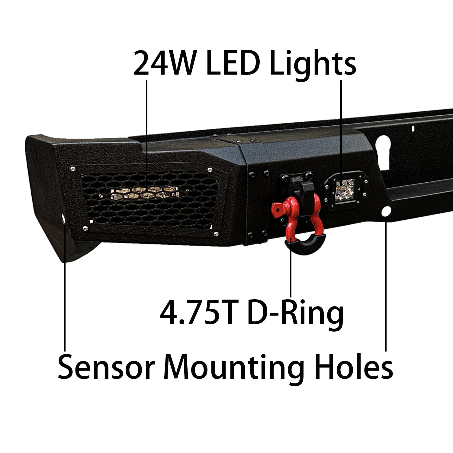 Black Textured Rear Bumper with 4 LED Lights & D-Ring for 2019-2023 Dodge RAM 2500/3500 | Sensor Mounting Hole | Off-Road Protection & Towing Upgrade