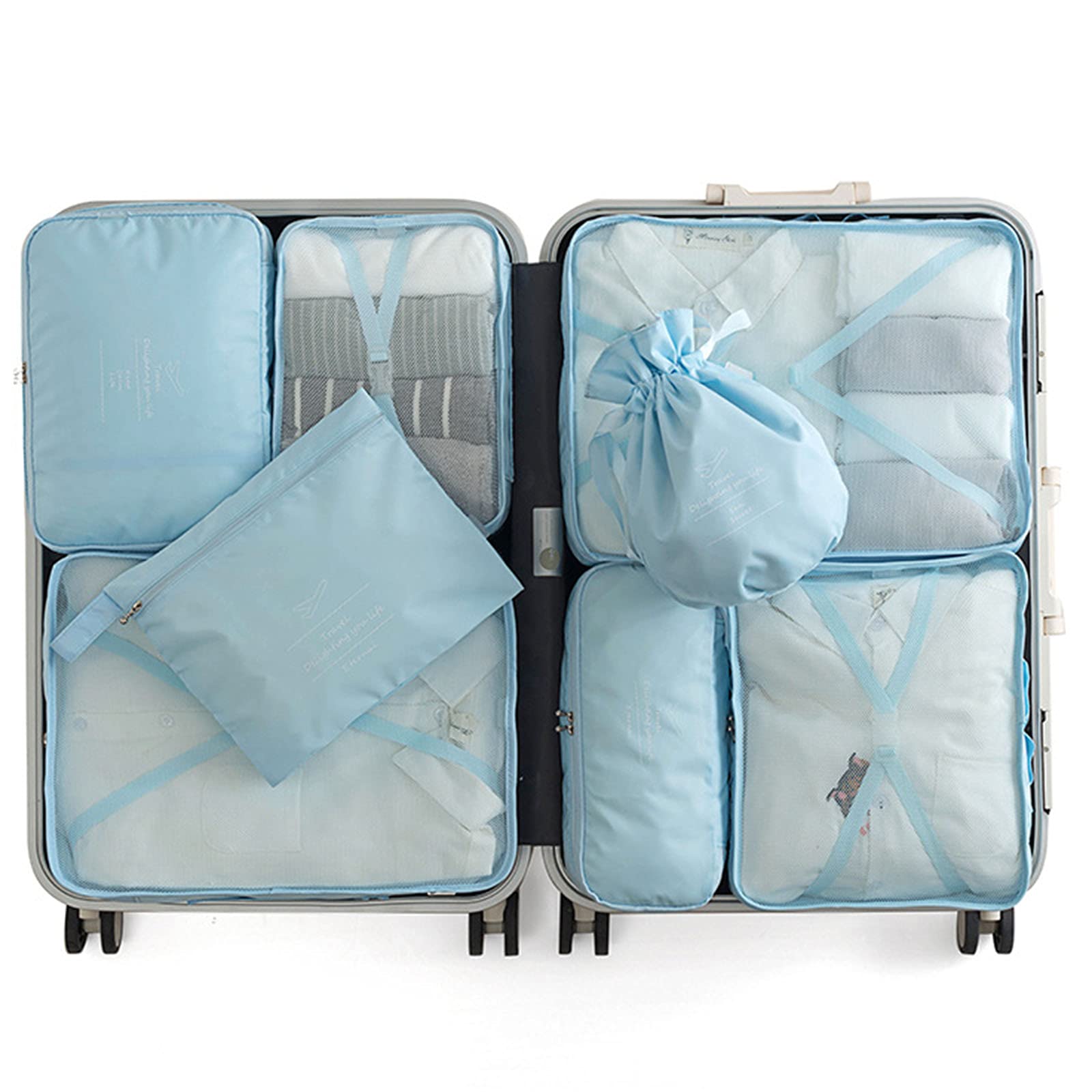 8-Piece Compression Packing Cubes Set - Luggage Organizer for Suitcases & Travel | Large Clothes Storage Bags for Home, Business Trips & Vacations | Blue Travel Accessories