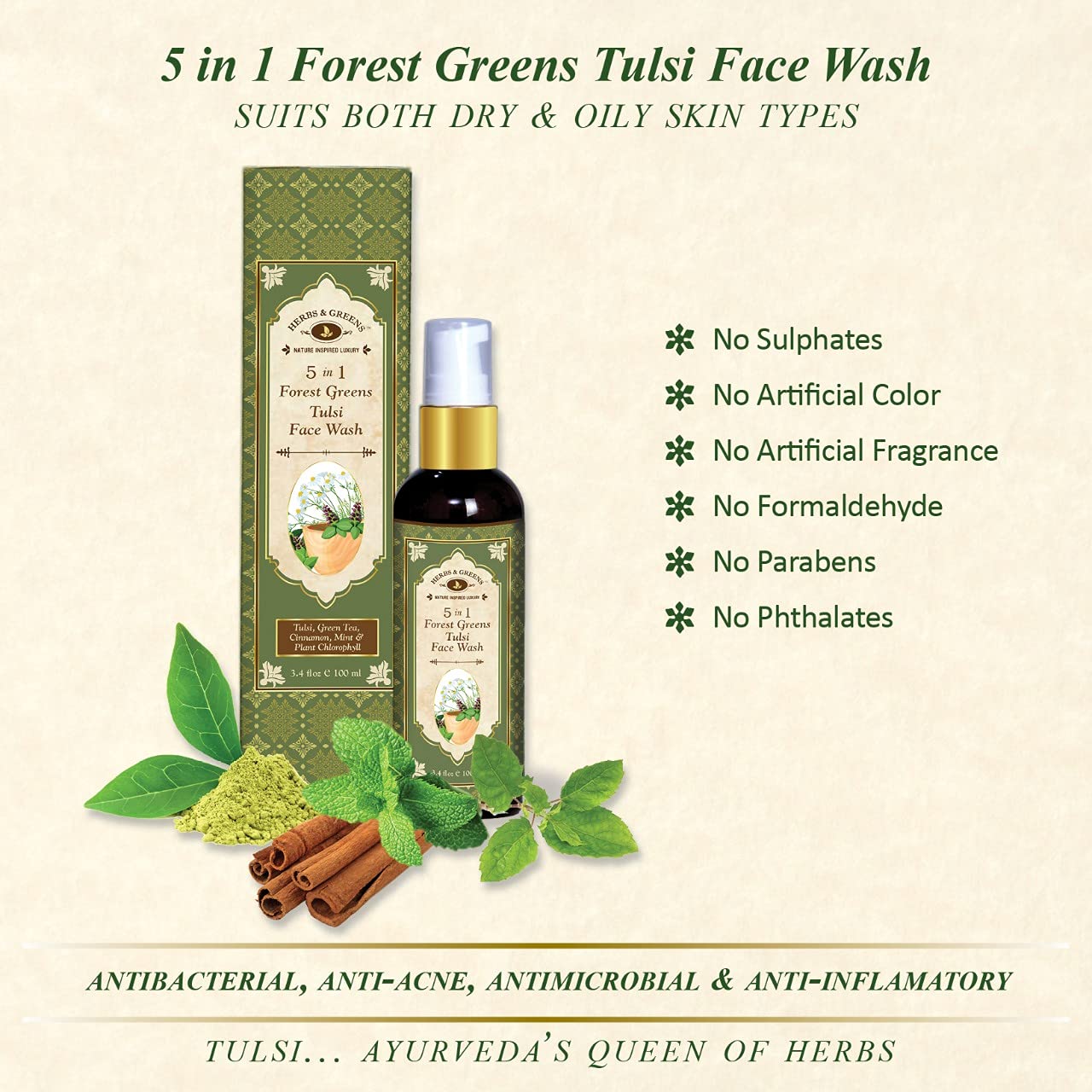 Herbs & Greens Forest Greens Tulsi Face Wash - Anti Acne & Pimple Treatment, Oil Control, Skin Repair & Brightening (200g) | For Oily & Acne-Prone Skin | Daily Cleansing & Purifying