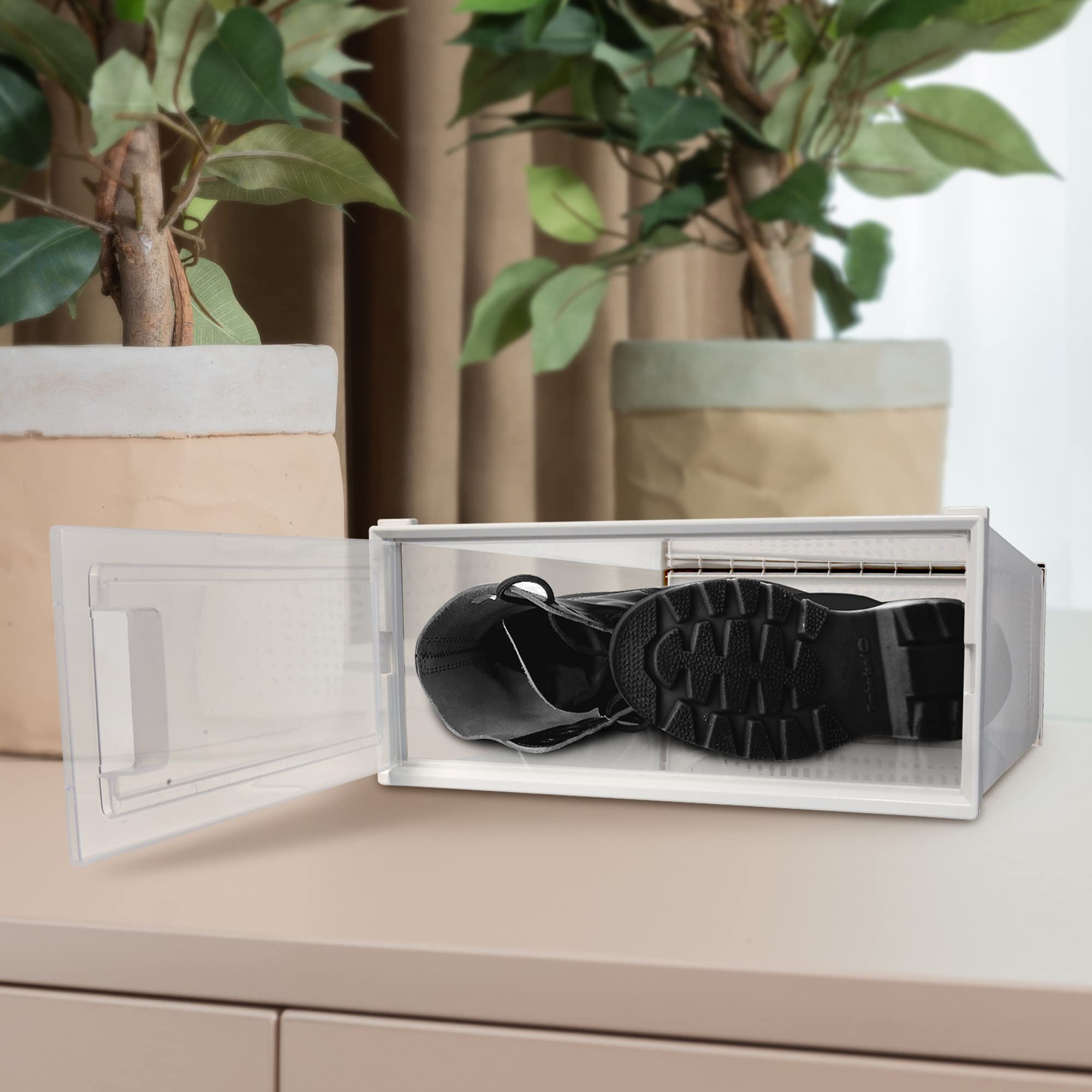 4 Pack Clear Plastic Stackable Shoe Storage Bins - Foldable Drop Front Boot Organizer Box with Breathable Frame for Closet Organization | Perfect for Boots, Sneakers & Seasonal Shoe Storage (White)