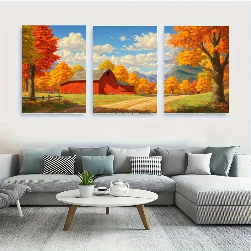 3-Piece Red Barn Landscape Metal Wall Art - Ready to Hang Farmhouse Decor for Living Room, Bedroom & Office
