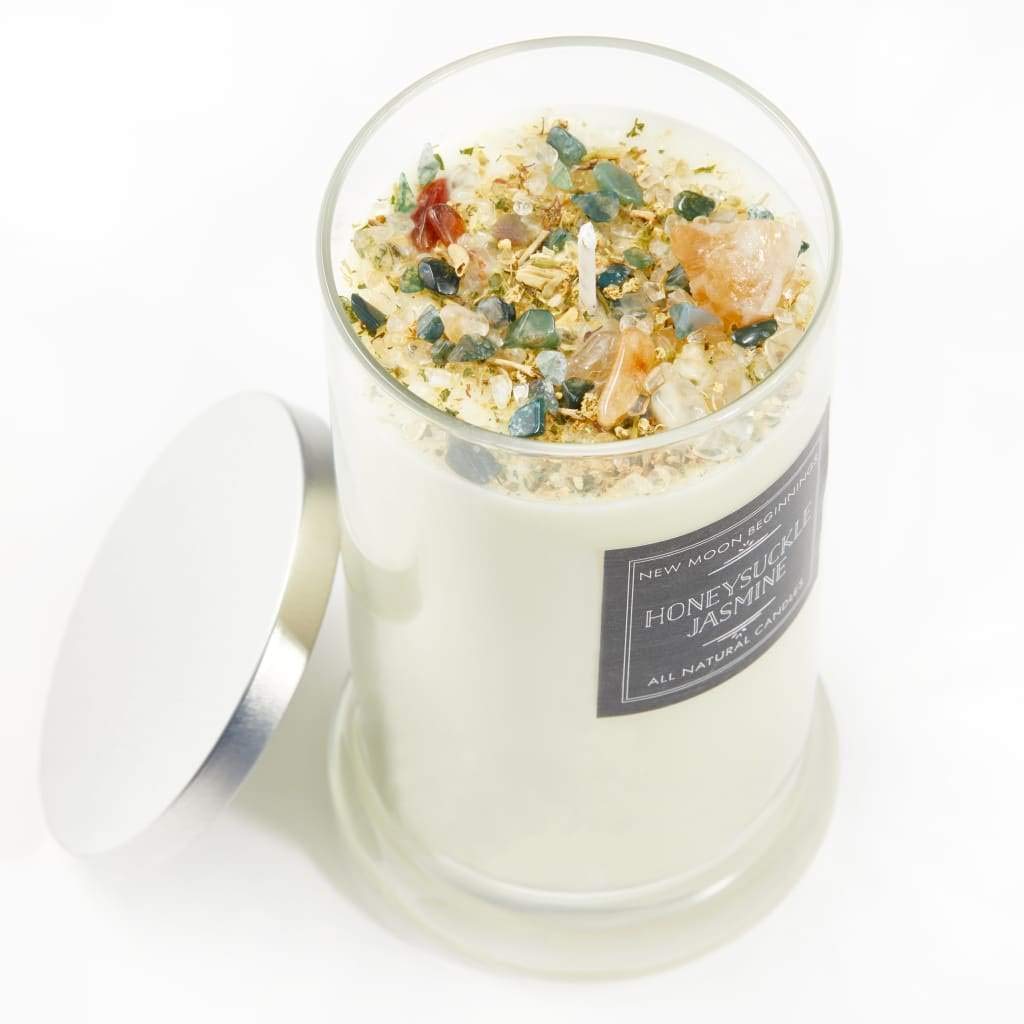 New Moon Beginnings Honeysuckle Jasmine Scented Soy Candle with Dried Flowers & Crystals | All-Natural Floral Aromatherapy Candle for Relaxation, Meditation & Home Decor