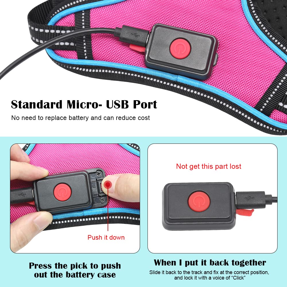 BSEEN Rechargeable LED Dog Harness - No Pull Reflective Safety Vest with Light Up Collar for Night Walking, Pink Large - Perfect for Evening Jogs, Dog Parks & Outdoor Adventures