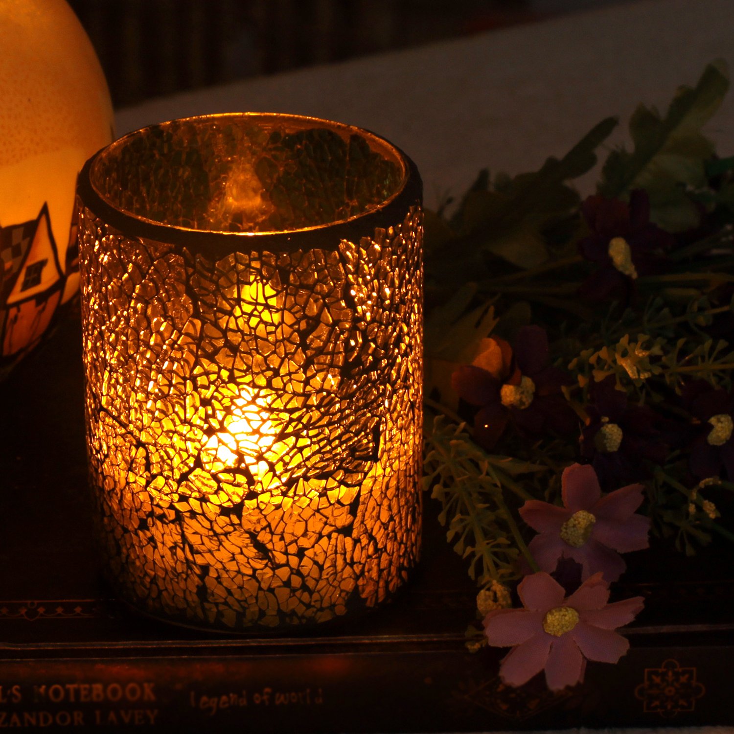 Flameless LED Cracked Mosaic Glass Candle with Timer - Decorative Battery-Operated LED Candle for Home, Wedding, Party & Spa Decor