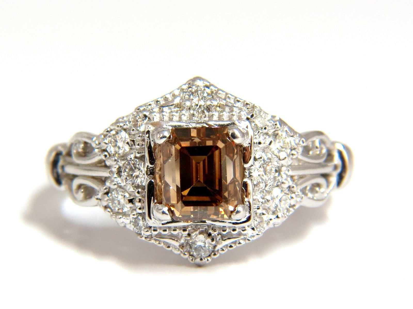 1.39ct Natural Fancy Brown Emerald Cut Diamond Ring VS2 - Victorian Deco Style for Engagement, Wedding & Special Occasions