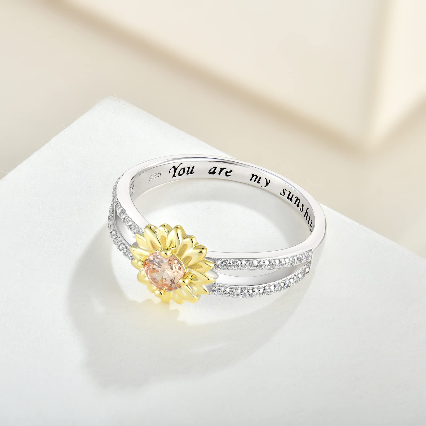 Sterling Silver Sunflower Ring with Cubic Zirconia - 