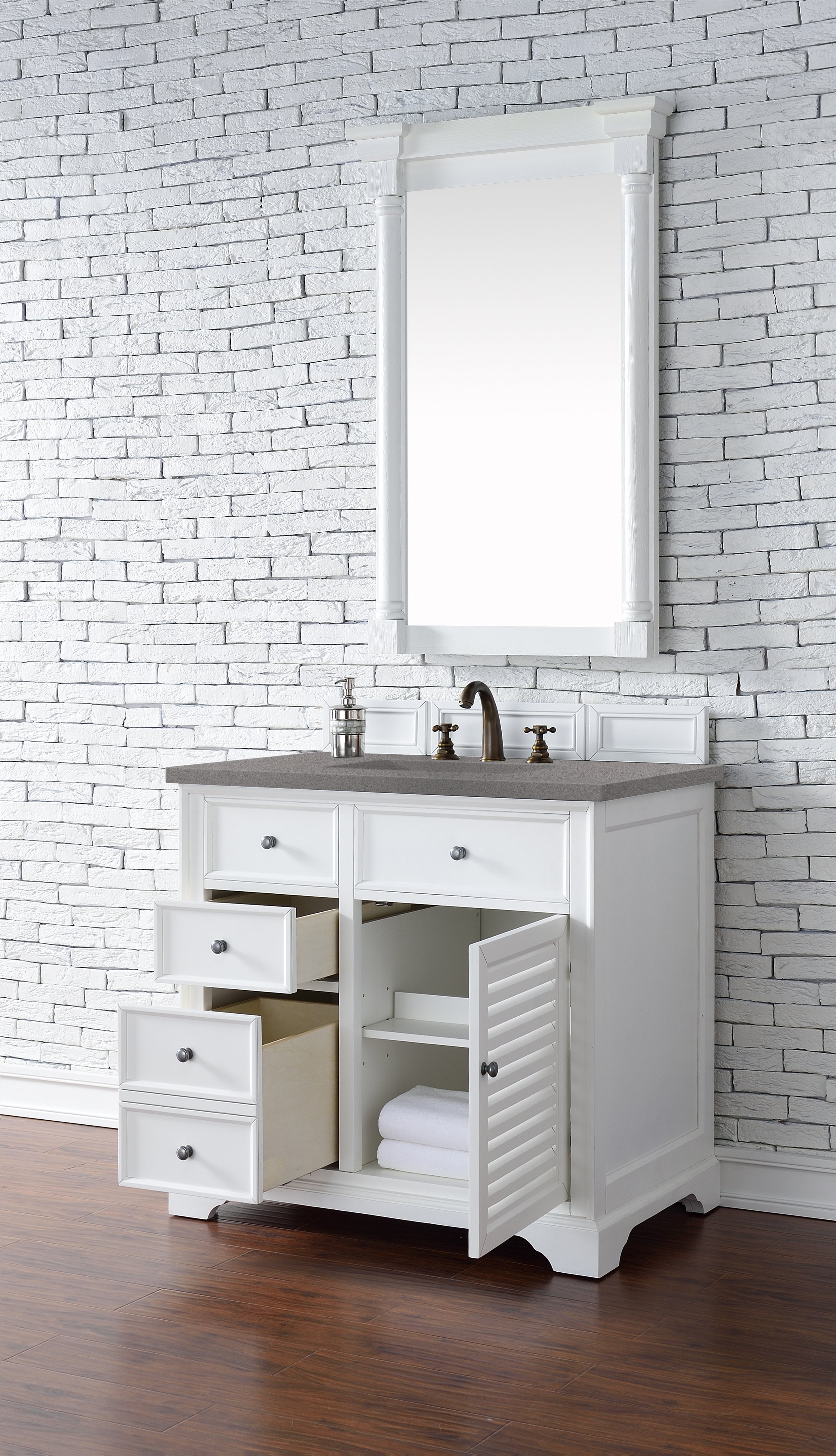 Savannah 36 Inch Single Vanity Cabinet with Grey Quartz Top - Bright White Bathroom Sink Base for Modern Homes | Perfect for Master Bath, Guest Bath & Powder Room