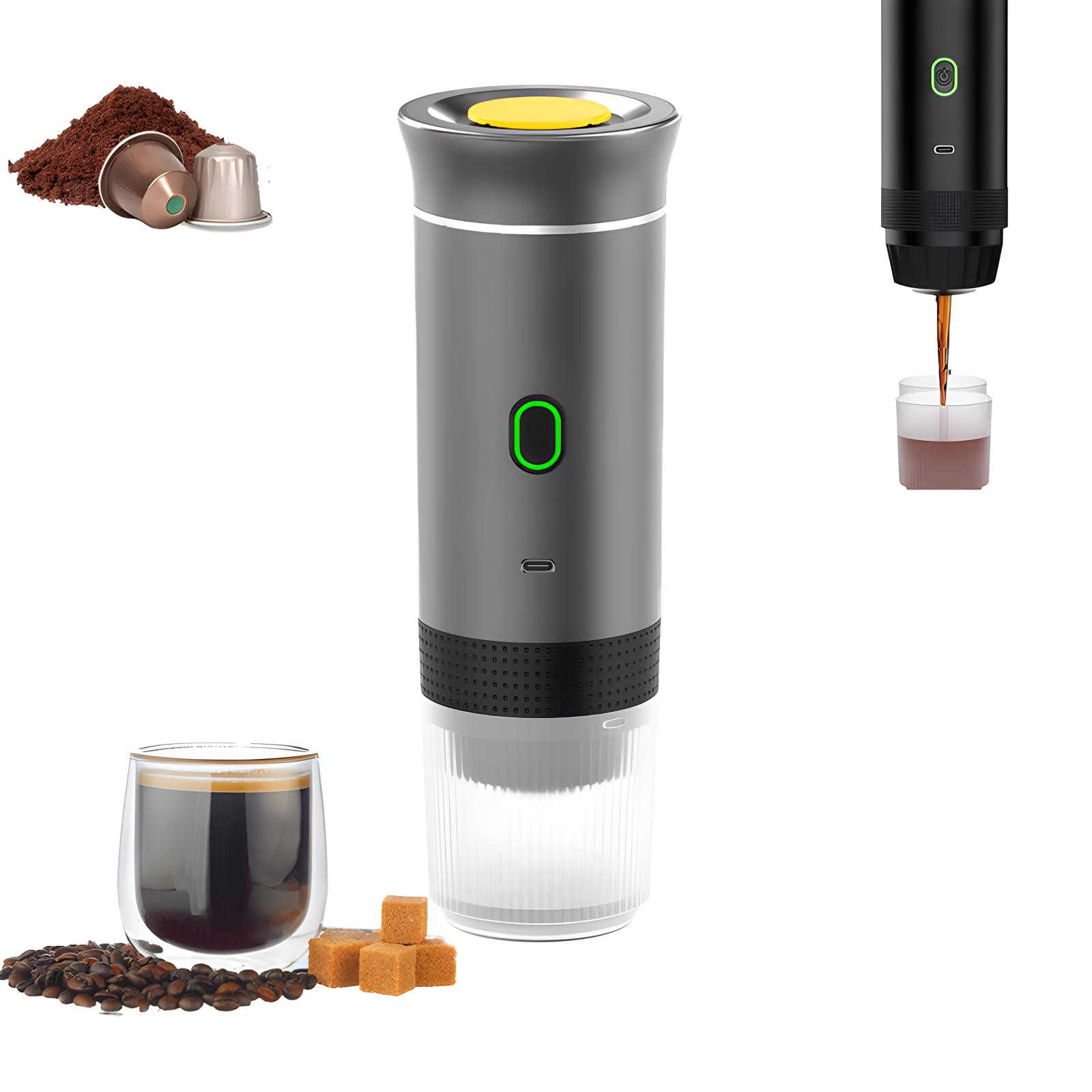 Portable Electric Espresso Machine - Rechargeable Mini Travel Coffee Maker with Self-Heating for Car, Camping, Home & Office | Compact & Fast Brewing | Perfect for Travel, Road Trips & Outdoor Adventures (Gray)