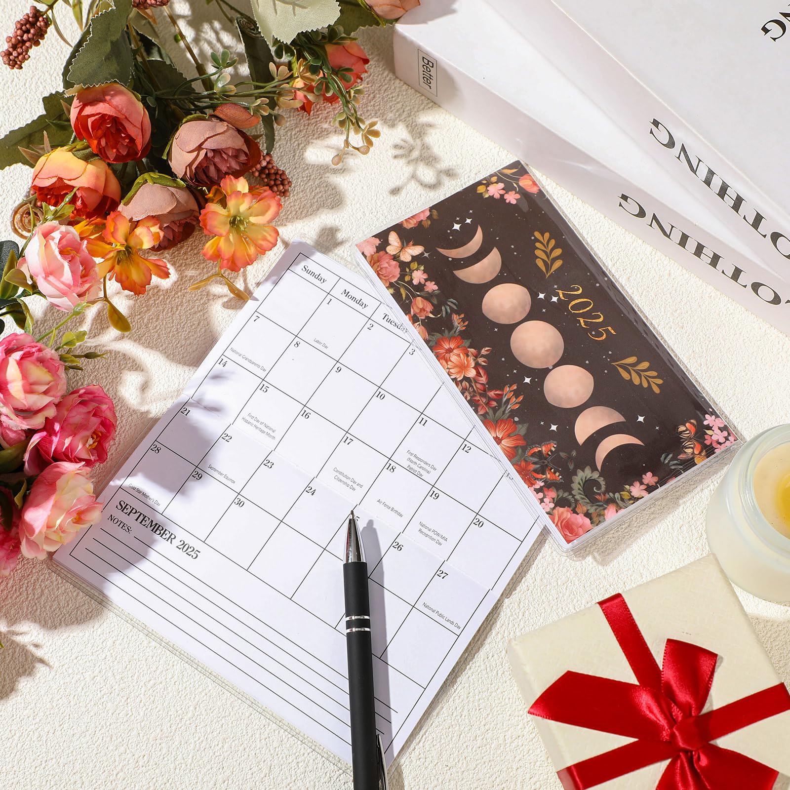 Gueevin 2025 Small Pocket Planner - Weekly & Monthly Calendar with Pen, Compact Purse Organizer, Writing Notebook Journal - Perfect Gift for Women, Sister, Friend (Black Moon Design) | Ideal for Daily Scheduling, Travel Planning & Holiday Gifts
