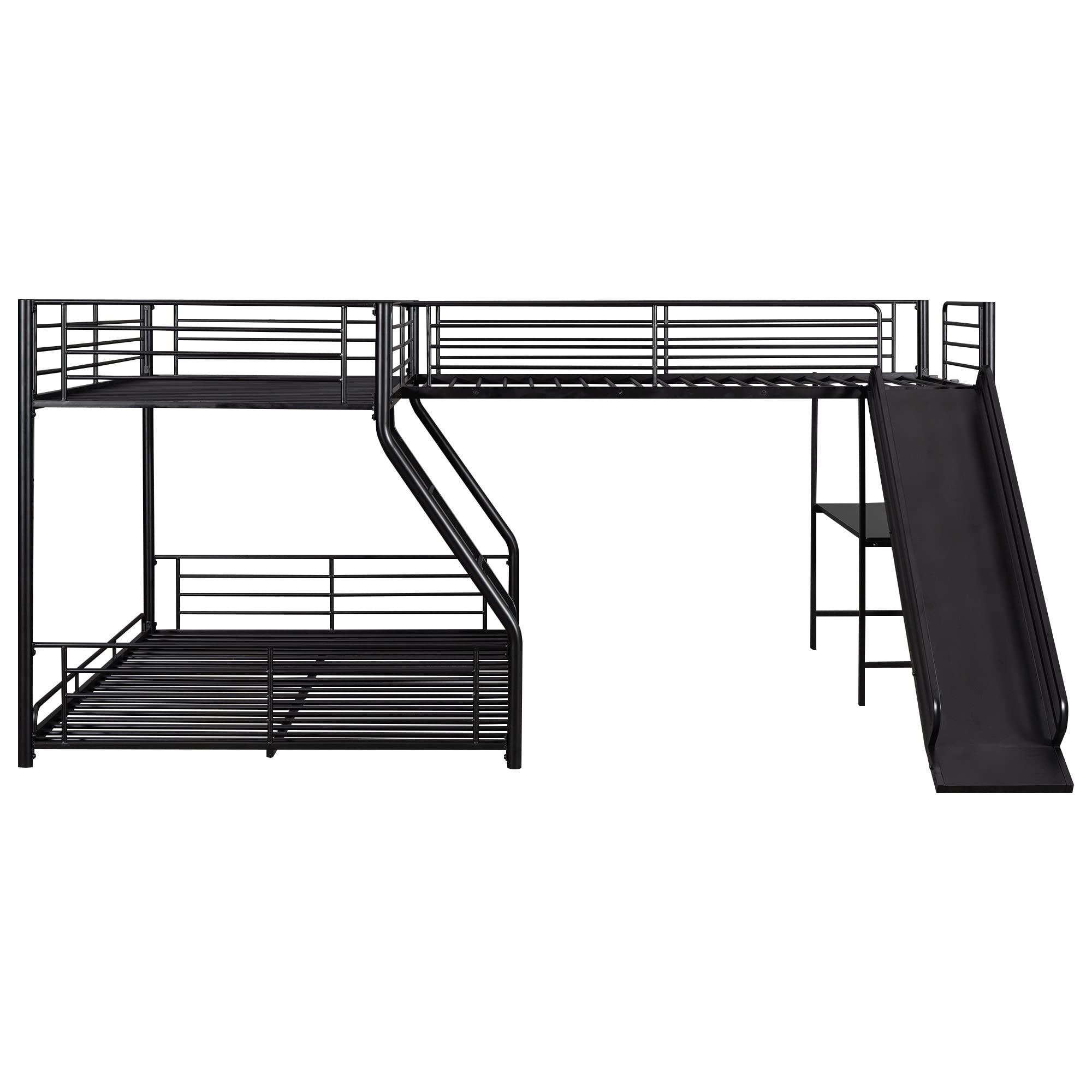 BOVZA L-Shaped Triple Bunk Bed - Twin Over Full Metal Bunk Beds for 3 Kids with Built-in Desk & Slide - Space-Saving Kids Bedroom Furniture for Small Rooms & Shared Spaces - Black