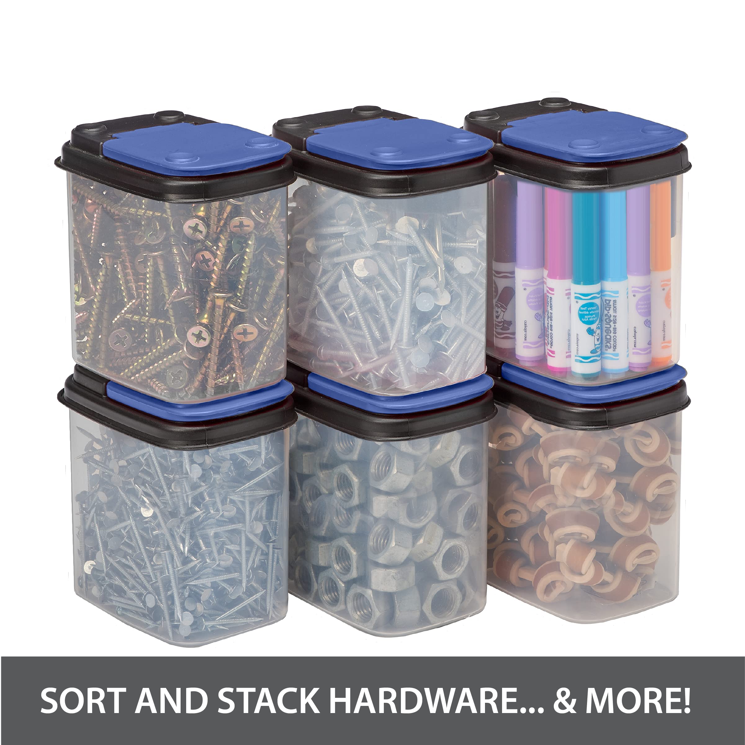 Buddeez 1 Quart Clear Stackable Hardware Storage Bins with Blue Lids - 8 Pack | Multi-Purpose Organizer for Nuts, Bolts, Screws & Small Parts | Perfect for Garage, Workshop & DIY Projects