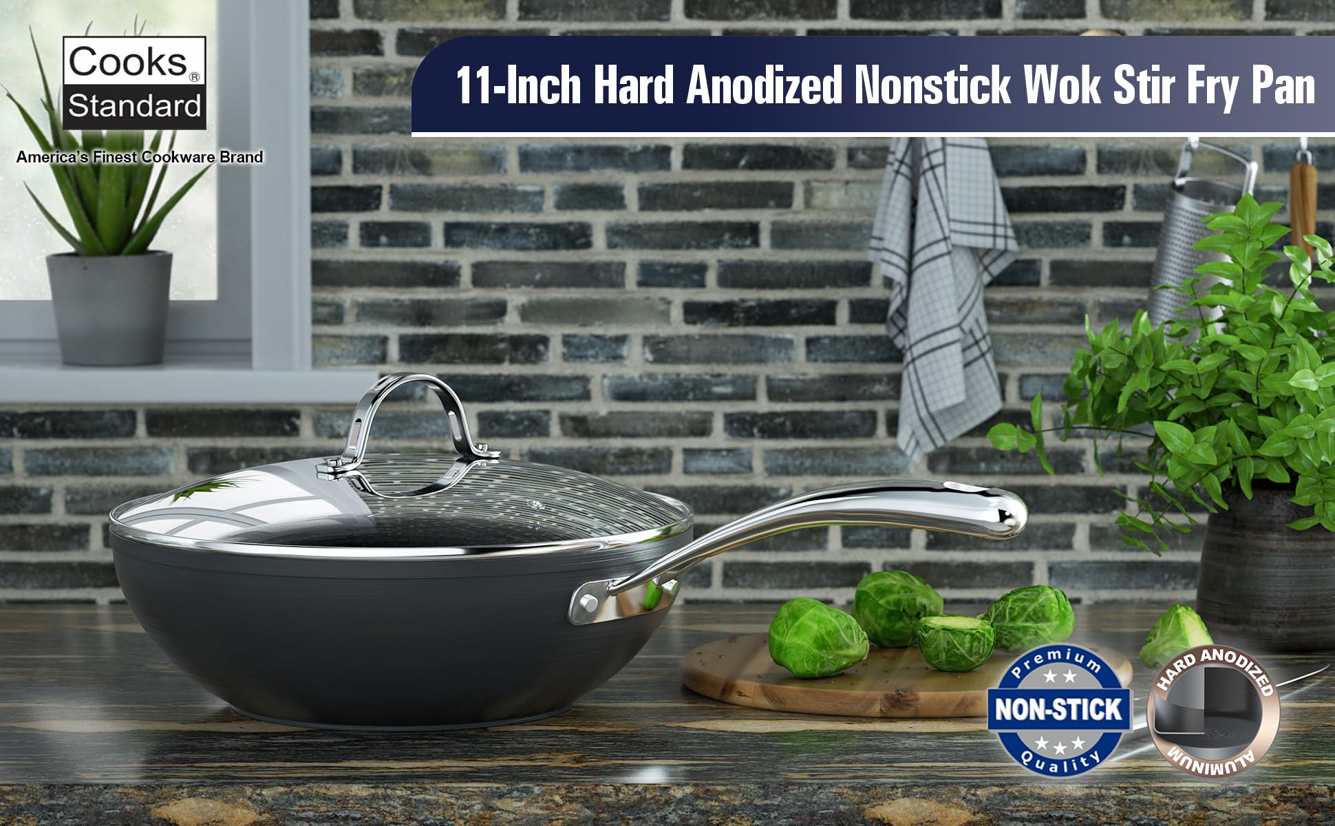 **Cooks Standard 11-Inch Nonstick Stir-Fry Wok Pan - Hard Anodized Deep Frying Pan with Glass Lid, Flat Bottom, Black - Perfect for Asian Cooking, Sautéing & Home Kitchen Use**