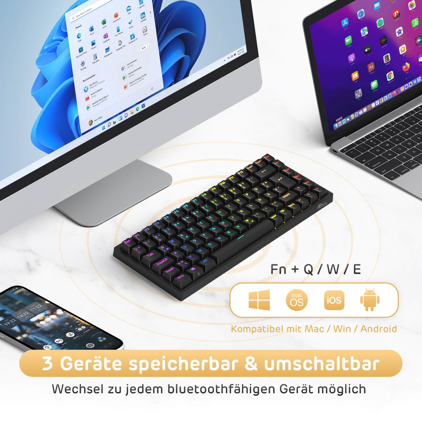 RK84 75% Wireless Mechanical Keyboard - Hot-Swappable RGB Backlit, Bluetooth/Type-C for Mac, Windows, Gaming & Office Use
