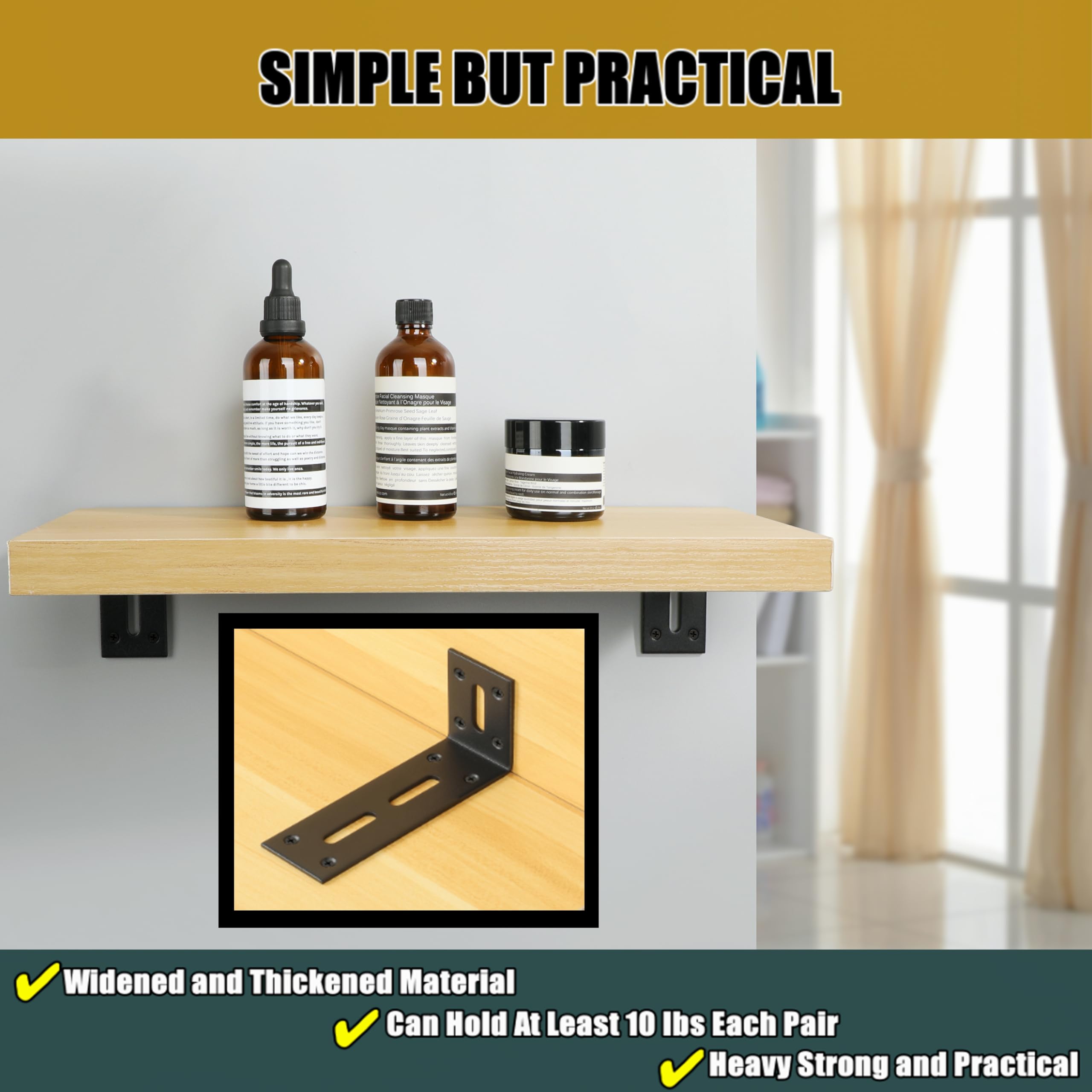 Heavy Duty Black Floating Shelf Brackets - 120x60mm L-Shaped Wall Mount Corner Braces for Wooden Shelves (Pack of 4) - Perfect for Home Office, Kitchen Storage & Bathroom Organization