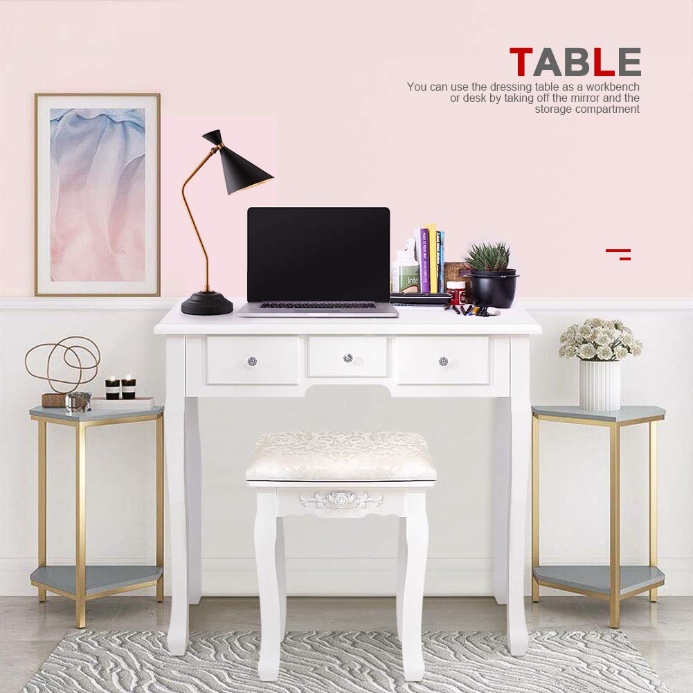 White Vanity Table Set with Lighted Oval Mirror & Stool - 5 Drawer Wooden Dressing Table for Bedroom | Perfect for Makeup, Skincare & Hair Styling