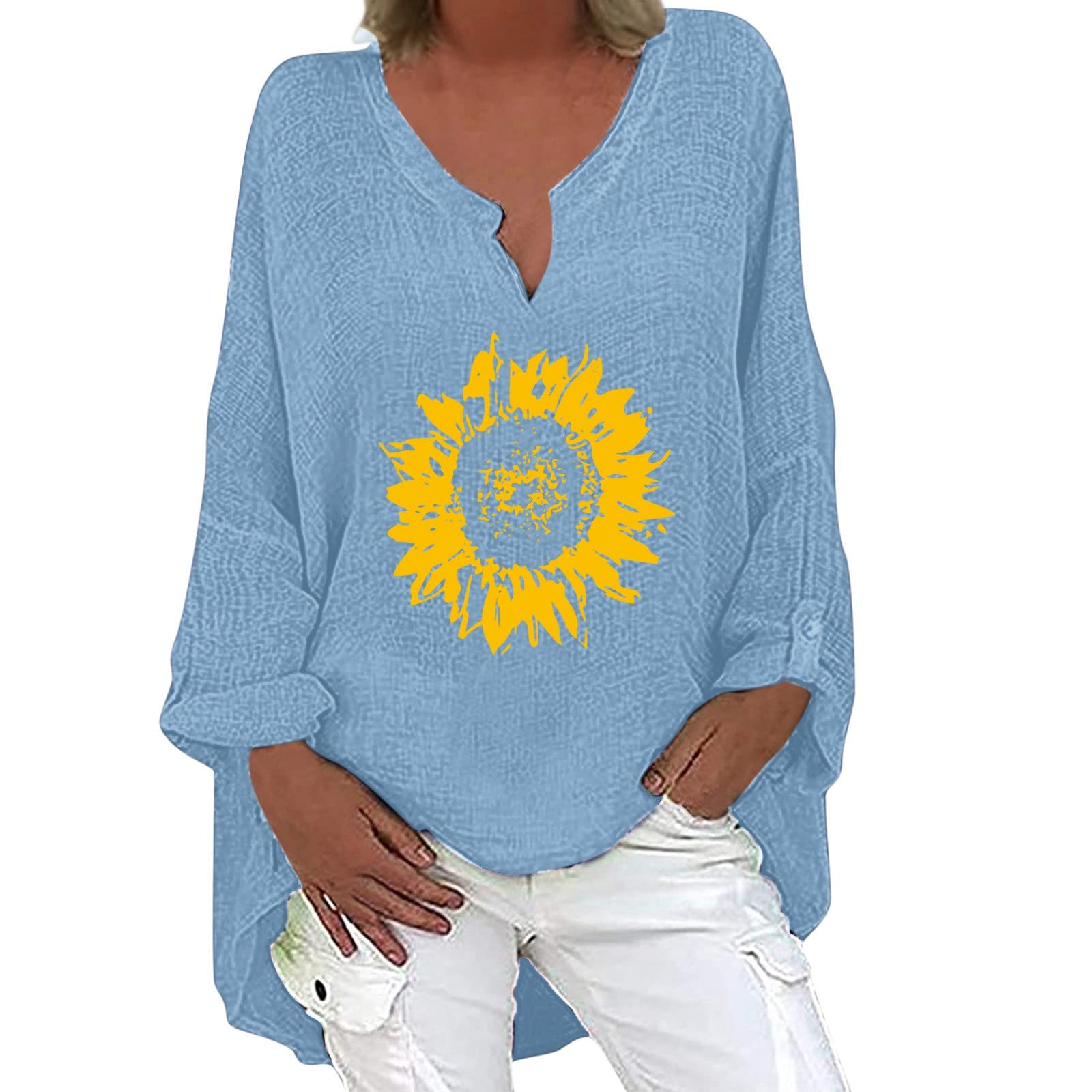 Women's Long Sleeve V-Neck Floral Print T-Shirt - Casual Cotton Blouse with Asymmetrical Hem for Workout & Everyday Wear | Athletic Shirt for Women | Perfect for Yoga, Running & Street Style Fashion