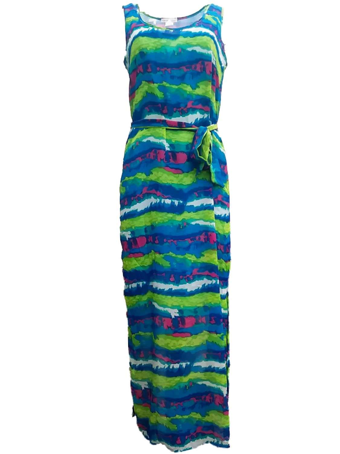 Women's Striped Opaque Tank Top Maxi Dress in Green, Blue & Purple - Casual Summer Beach Dress for Vacation, Party & Everyday Wear