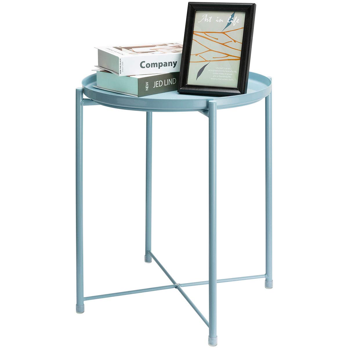 Round Metal Side Table - Small Outdoor/Indoor Accent Table with Removable Waterproof Tray for Living Room, Bedroom, Patio (Blue) | Modern End Table for Coffee, Drinks & Decor