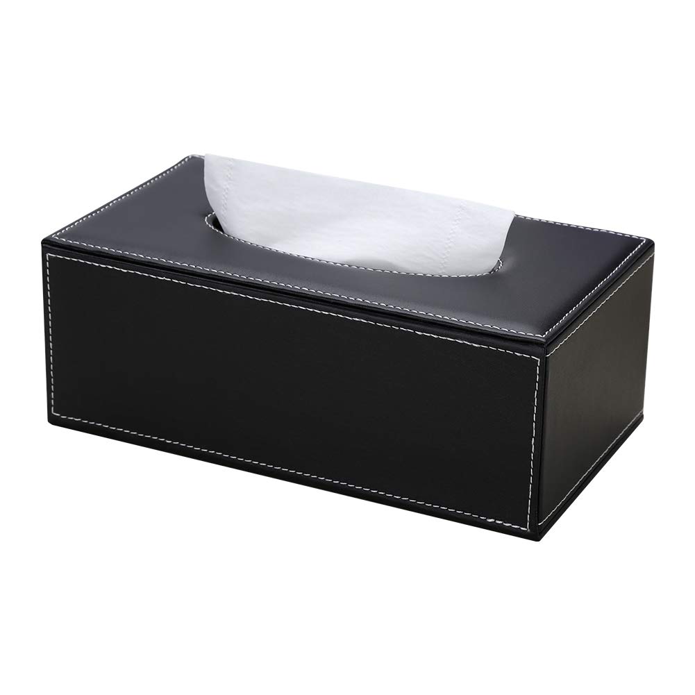 Premium PU Leather Rectangular Tissue Box Cover - Elegant Home & Office Tissue Holder for Bedroom, Desk, Nightstand, Bathroom & Car - Black - Perfect for Living Room Decor, Office Organization & Car Interior Accessories