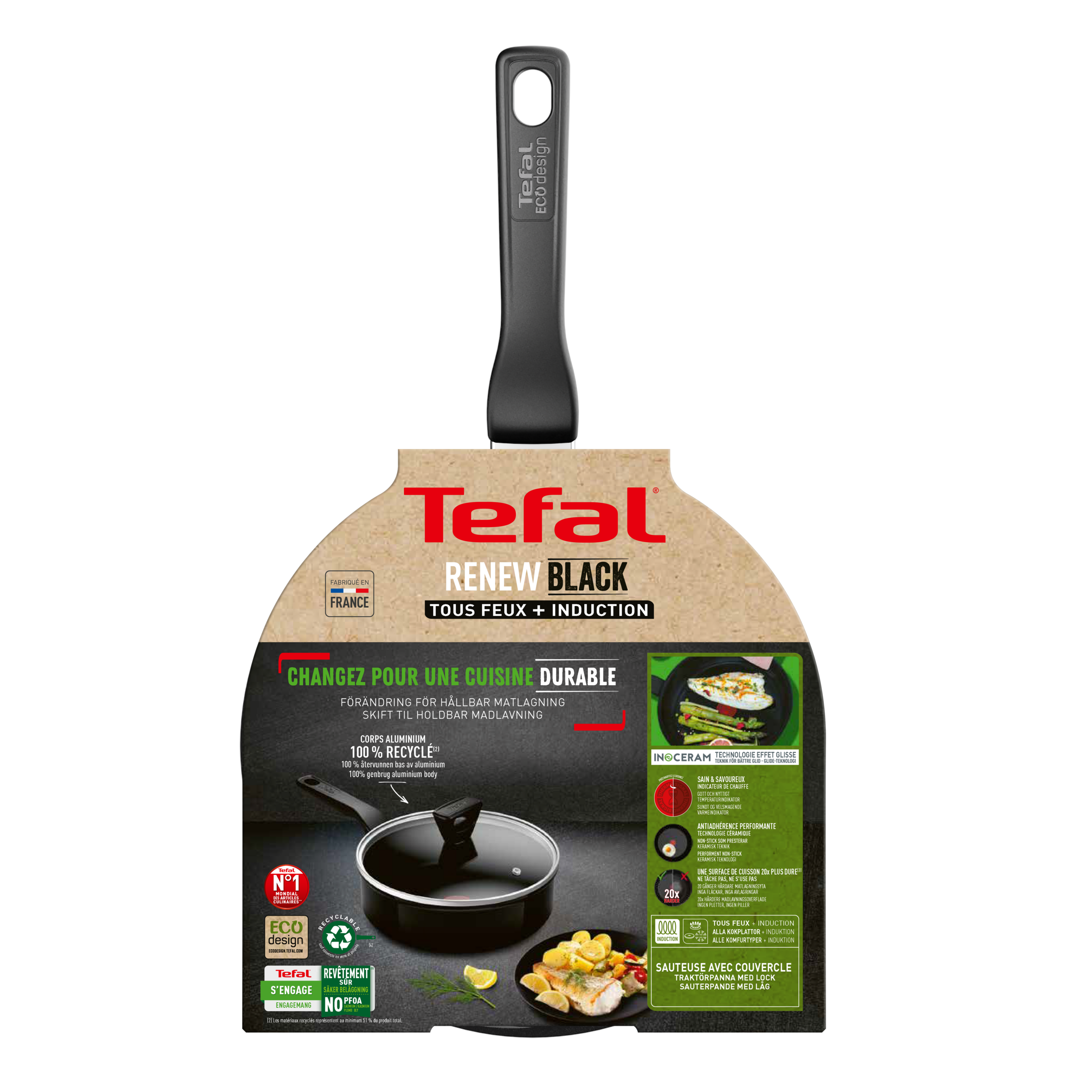 Tefal Renew Black Ceramic Non-Stick Sauté Pan with Lid - 24cm (C4323223) | Eco-Friendly Cookware for Healthy Frying, Searing & Sauteing | Perfect for Home Cooking & Professional Kitchens