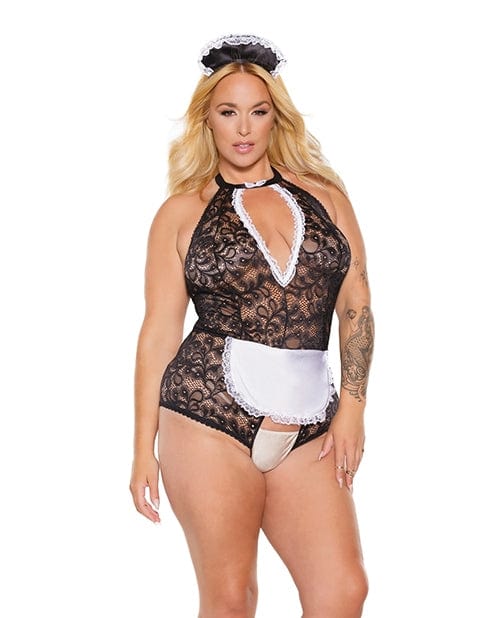 Sexy Scallop Stretch Lace Crotchless Maid Teddy with Headpiece - Black/White One Size/XL - Lingerie for Role Play, Boudoir Photography & Romantic Nights