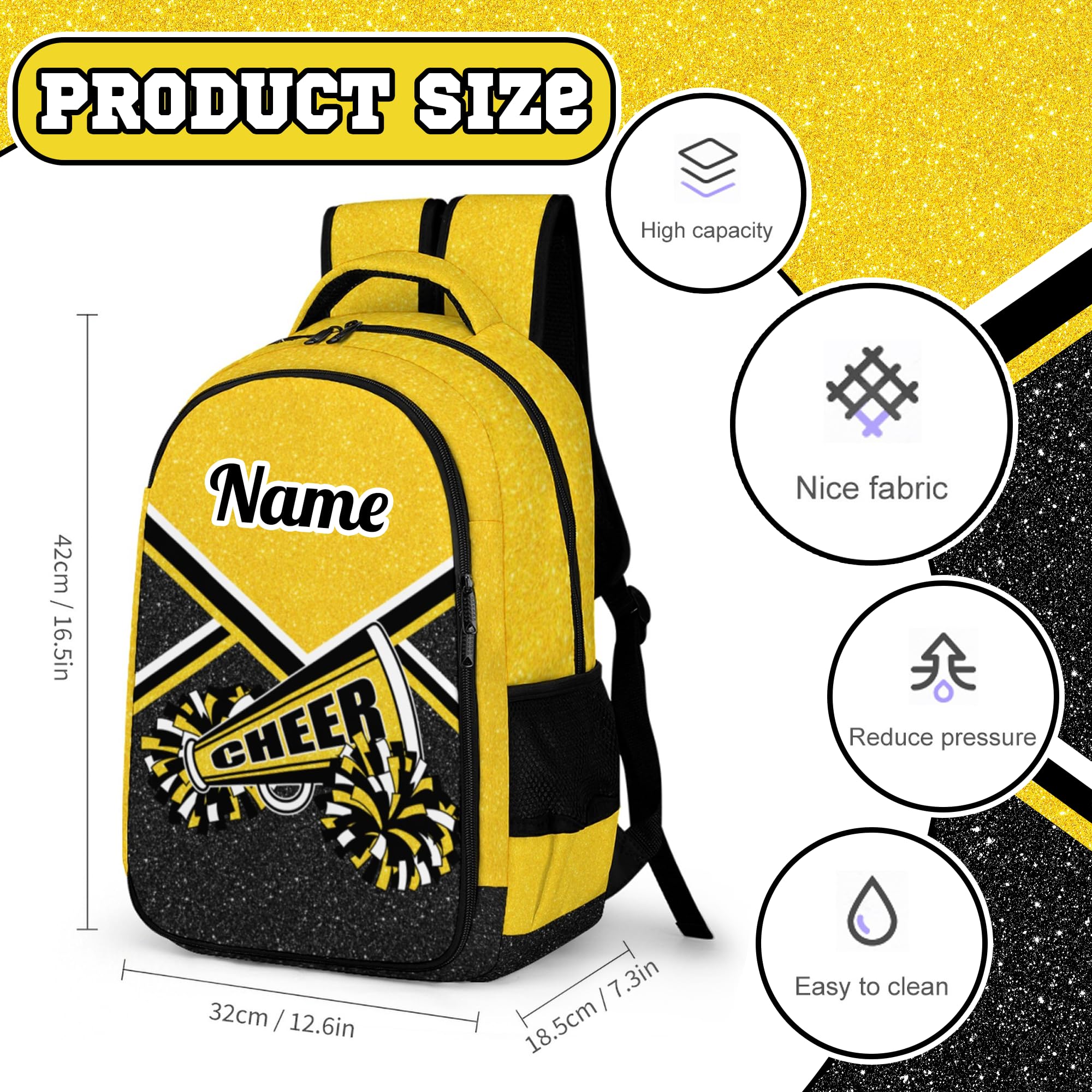 Custom Cheerleader Backpack with Name - Personalized Cheerleading Backpack for Women & Girls - Gold Glitter Sports Bag for Gym, School, and Cheer Competitions