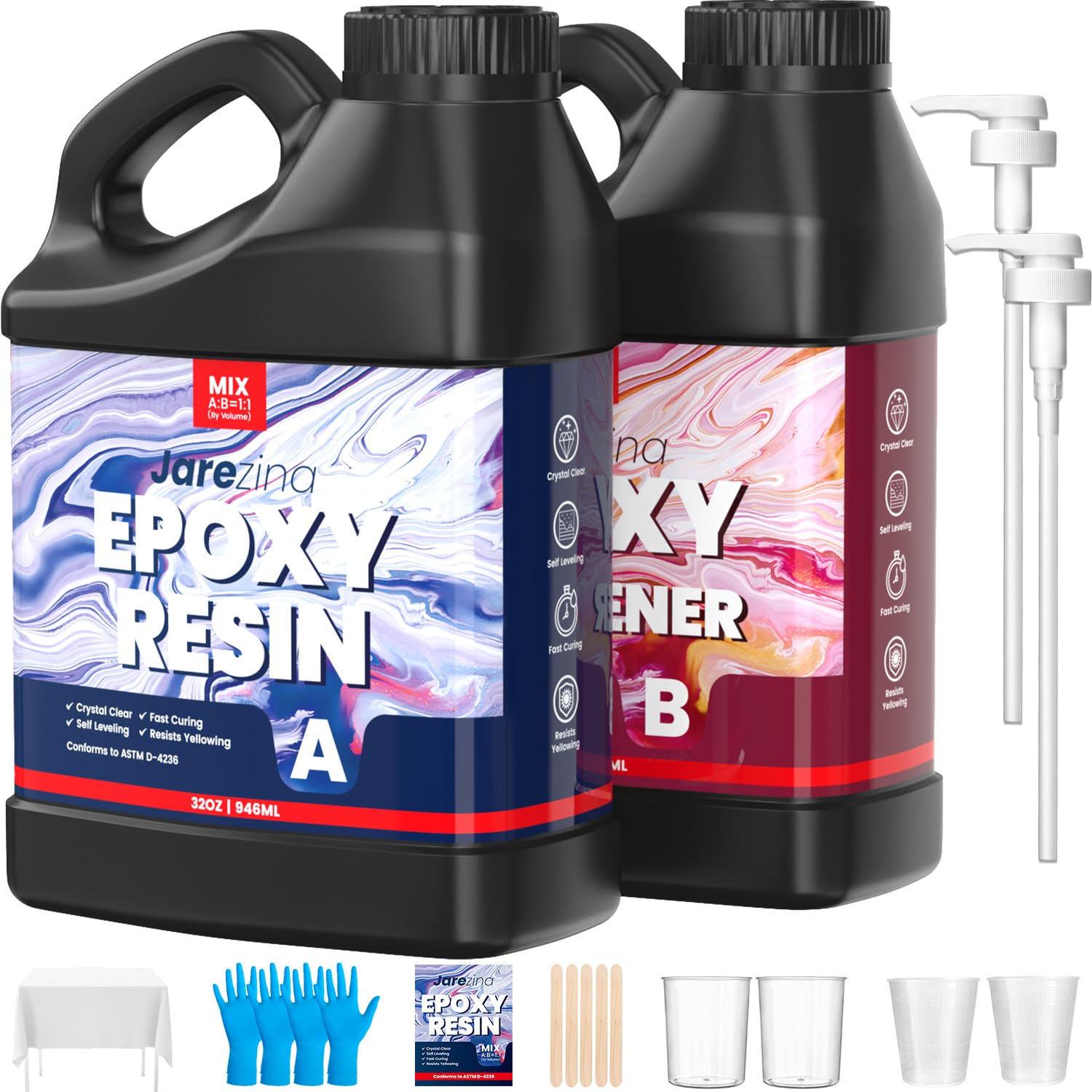 Jarezina 64OZ Crystal Clear Epoxy Resin Kit - Strong, Bubble-Free, Non-Yellowing, Self-Leveling 1:1 Ratio for Art Casting, DIY Jewelry, Wood & Molds - Perfect for Home Decor, River Tables, Resin Art & Craft Projects