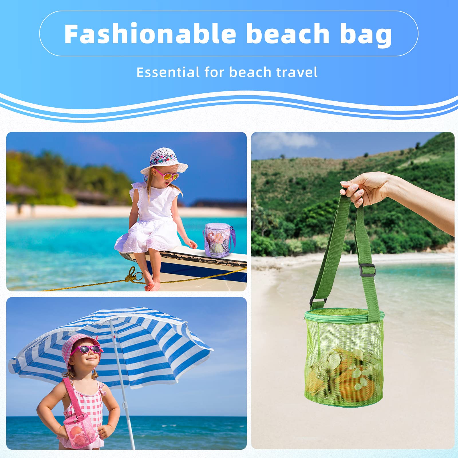 Frienda 4-Piece Large Mesh Beach Tote Bags with Adjustable Straps & Zipper - Cylindrical Storage for Sand Toys, Swim Gear & Summer Essentials - Pink, Blue, Green, Purple for Boys & Girls - Perfect for Beach Trips, Pool Parties & Outdoor Adventures