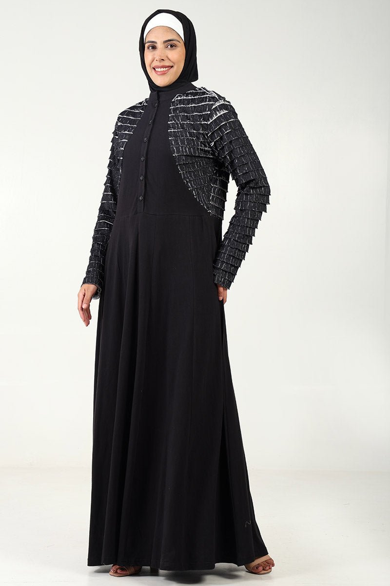 Elegant Black Cotton Jersey Flared Abaya with Contrast Frill Detailing - Perfect for Prayer, Modest Fashion & Special Occasions
