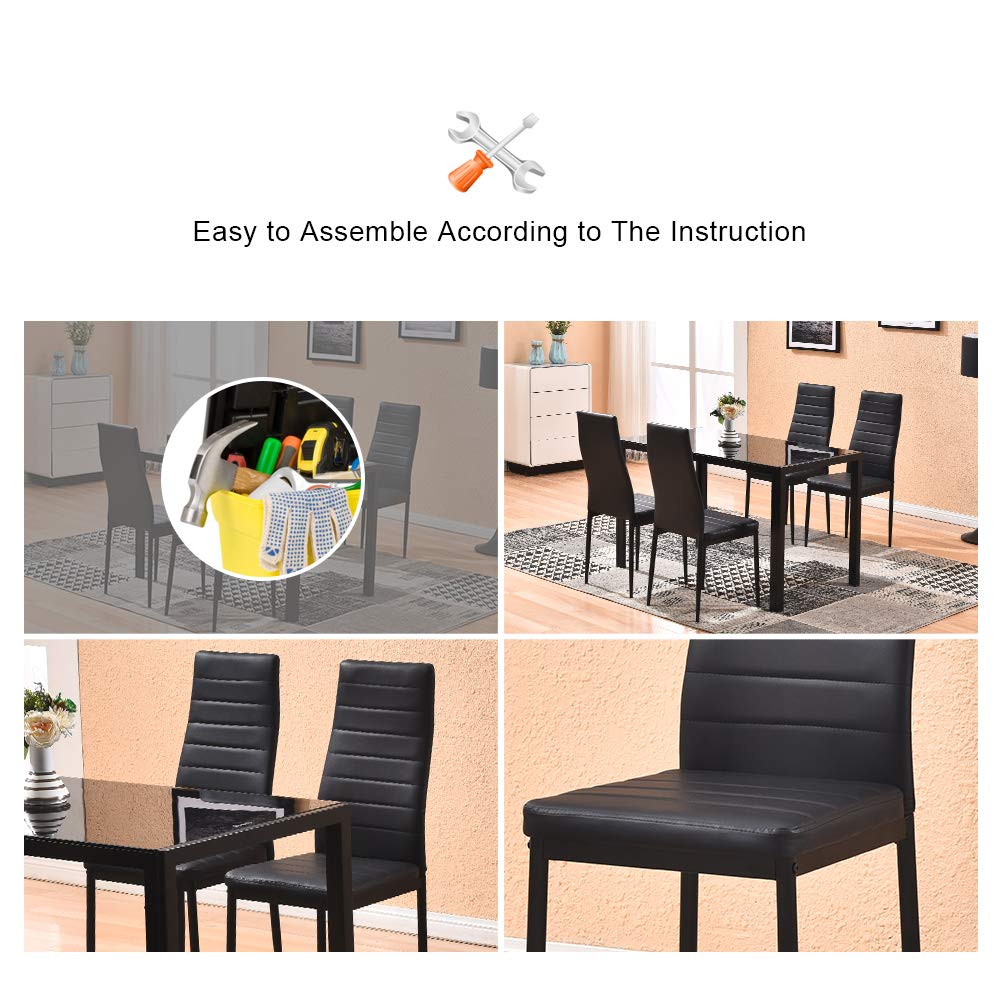 5-Piece Modern Glass Dining Table Set with Tempered Glass Top & PU Leather Chairs - Black Kitchen & Dining Room Furniture for Family Gatherings & Dinner Parties