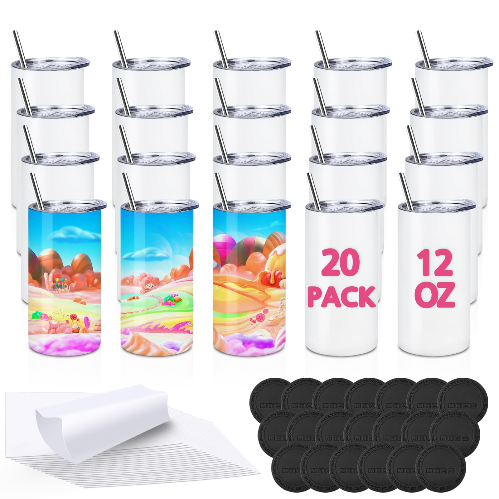 12OZ Sublimation Blank Tumblers for Kids - 20 Pack Stainless Steel Straight Skinny Tumblers with Lids & Metal Straws, Double Wall Vacuum Insulated, DIY Personalized Gift for Boys Girls - Perfect for School, Sports, Birthday Parties & Outdoor Activities