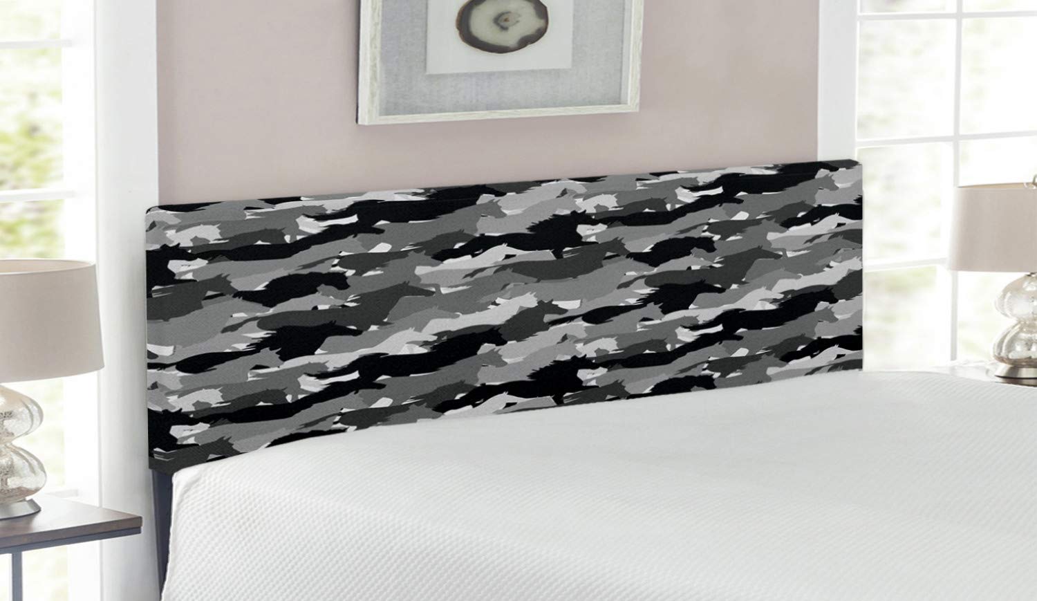 Ambesonne Horses Headboard - Mustang Herd Galloping Silhouette Wildlife Design, Upholstered Decorative Metal Bed Headboard with Memory Foam, Queen Size, Charcoal Grey - Perfect for Western & Ranch Style Bedrooms, Guest Rooms & Wildlife Themed Decor