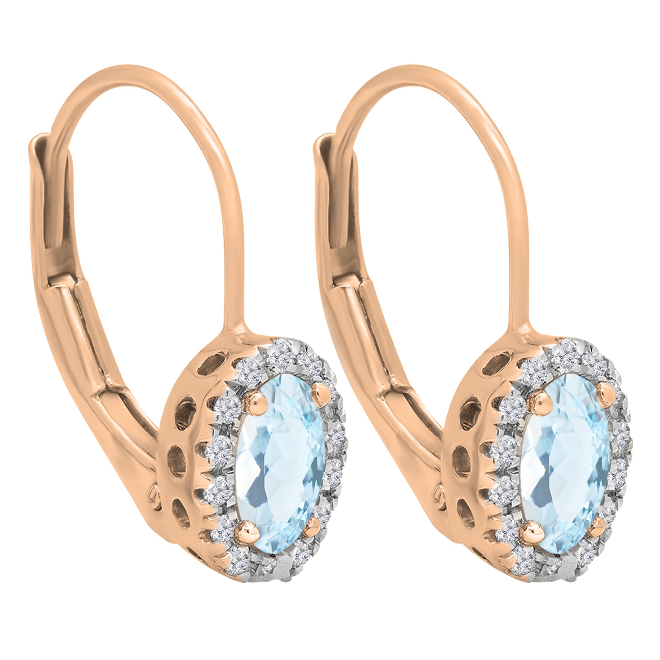 14K Solid Gold Oval Aquamarine & White Diamond Halo Lever Back Hoop Earrings for Women | Dazzlingrock Collection | 5x3mm Gemstone Size | Perfect for Weddings, Parties & Special Occasions