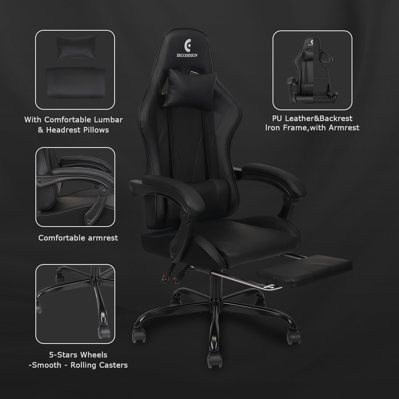 Ergonomic Gaming Chair with Adjustable Linkage Armrest & Footrest - High Back Computer Chair for PC & Console Gamers - Black - Perfect for Esports, Streaming & Office Work