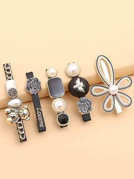 5 PCS Elegant Metal Hair Clips Set - Korean Style Hairpins for Women & Girls with Thick Long Hair (White & Black) | Perfect for Weddings, Parties & Everyday Styling