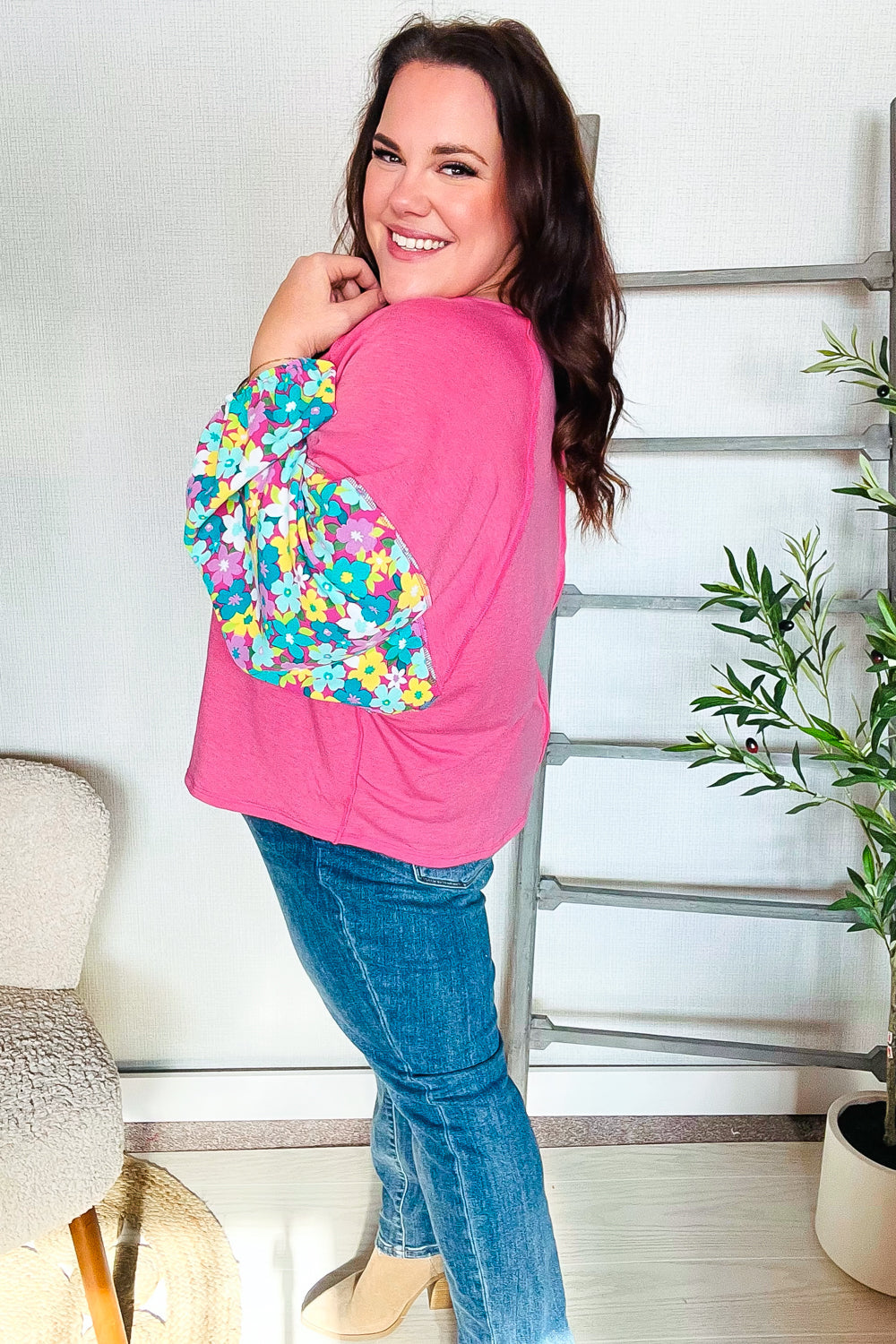 Pink & Floral Bubble Sleeve French Terry Pullover Sweatshirt for Women - Cozy Oversized Loungewear for Casual Outings & Coffee Dates